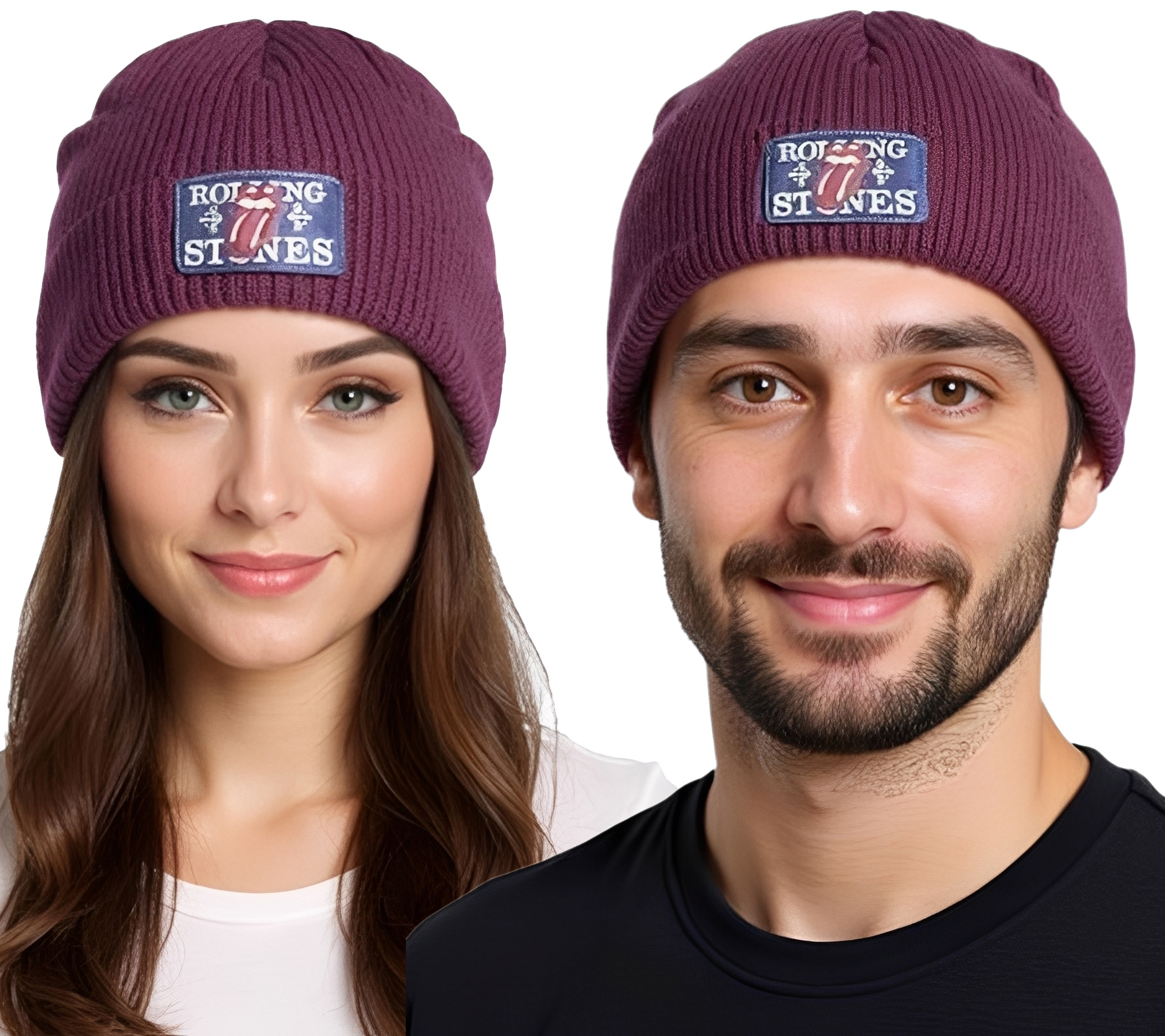 Beanie "Rolling Stones" kuschelige Herbst-Mütze gemütlicher Strick-Beanie Fan-Artikel KC100589RST Weinrot/Blau