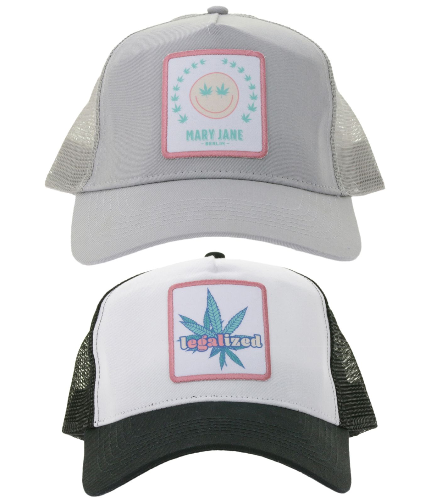 Beechfield Trucker-Cap Baumwoll-Cap Mütze Baseball-Cap mit Stickerei „LEGALIZED“ Schwarz/Weiß oder „MARY JANE BERLIN“ Grau
