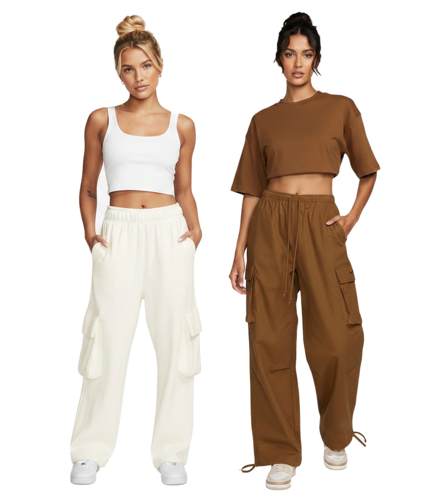 bequeme NIKE Dance Cargo Damen Jogginghose bequeme Sport-Hose mit aufgesetzten Cargo-Taschen Baumwoll-Hose FV7520-281 Braun oder FV7512-133 Woll-Weiß