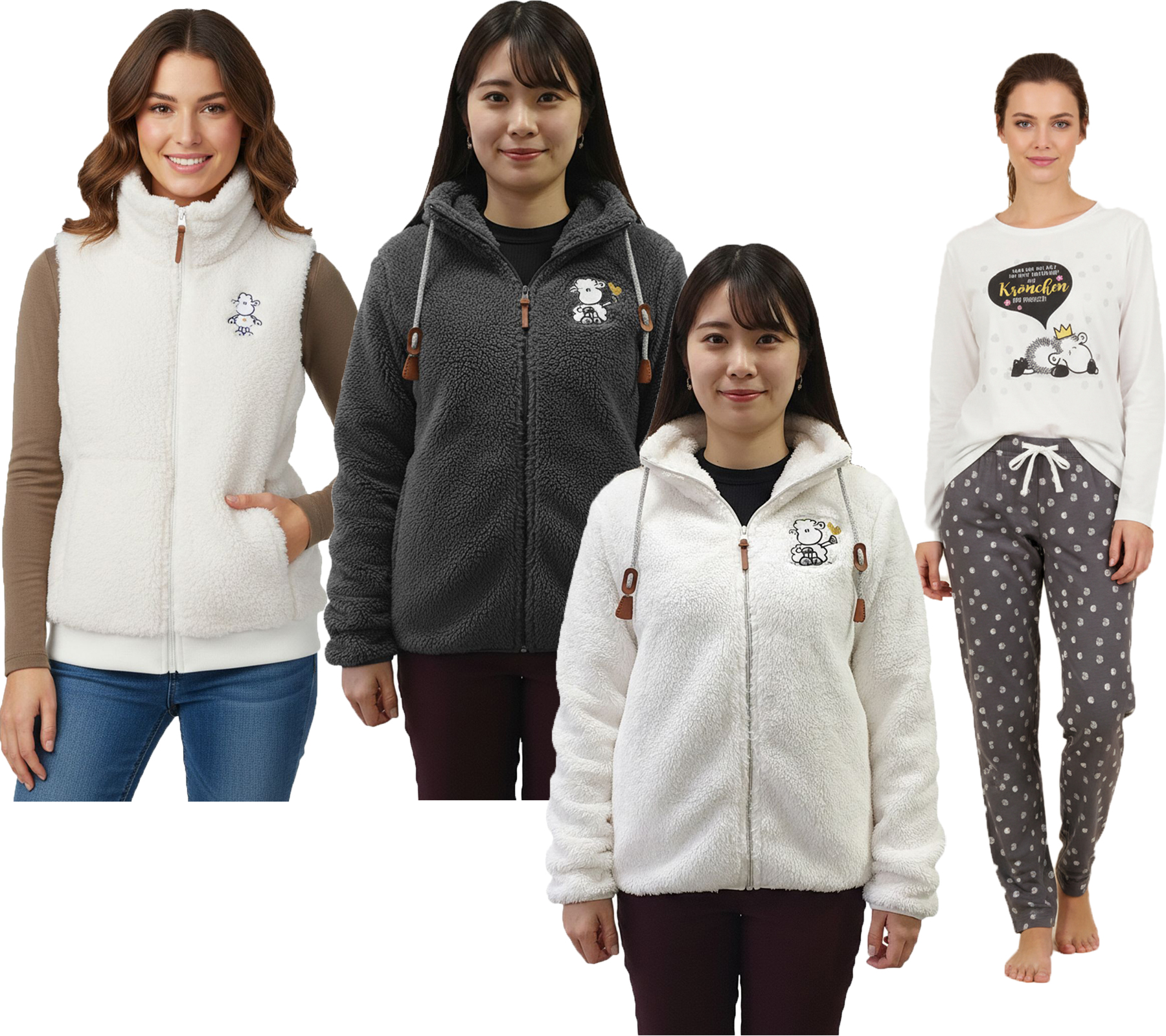 Bequeme sheepworld Damen Teddyfleece-Weste mit gesticktem Motiv Kuschel-Jacke oder Pyjama-Set mit Marken Motiven Weiß oder Grau