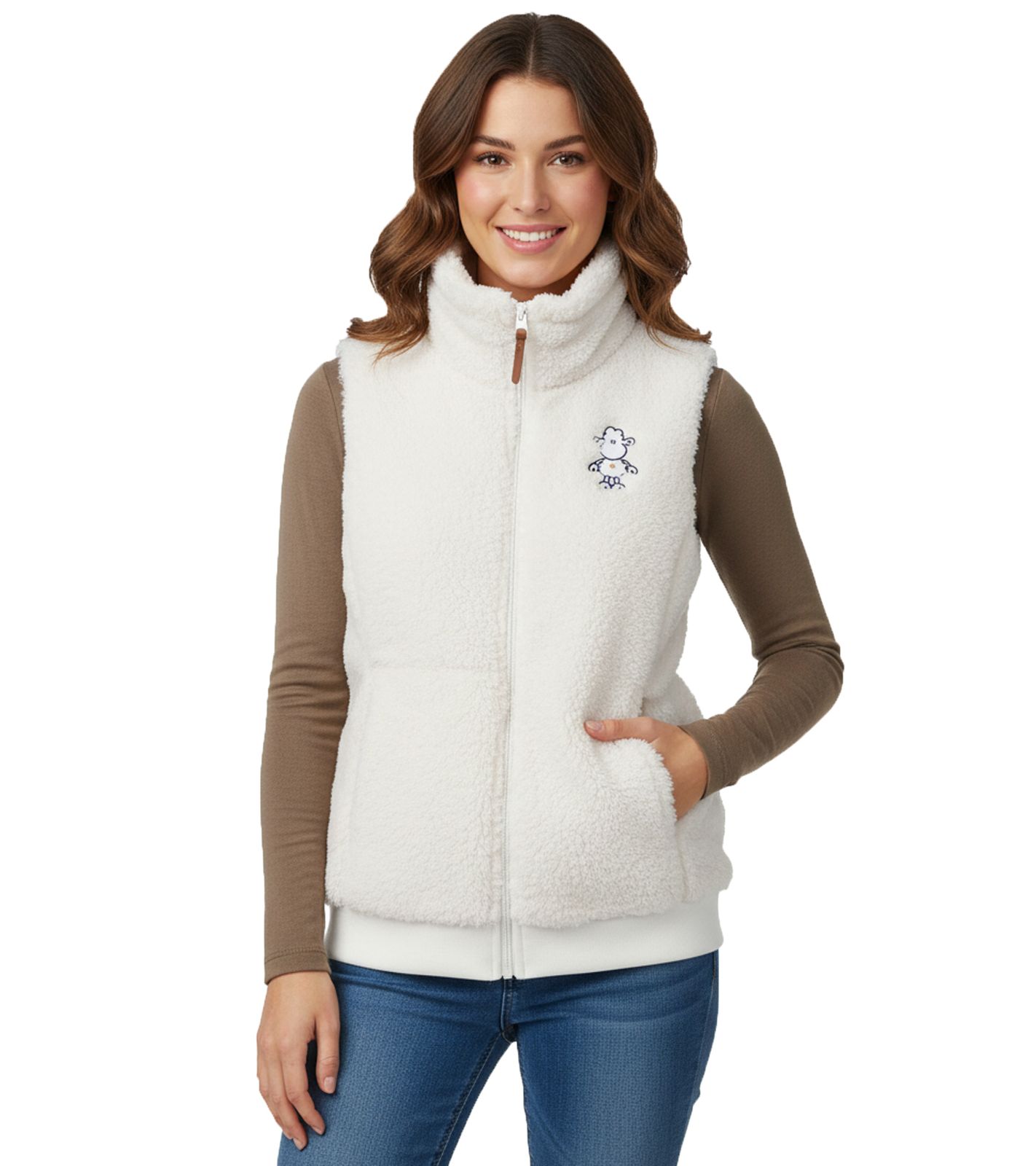 Bequeme sheepworld Damen Teddyfleece-Weste mit gesticktem Motiv Kuschel-Weste mit Stehkragen Sweat-Weste 9863241 Weiß