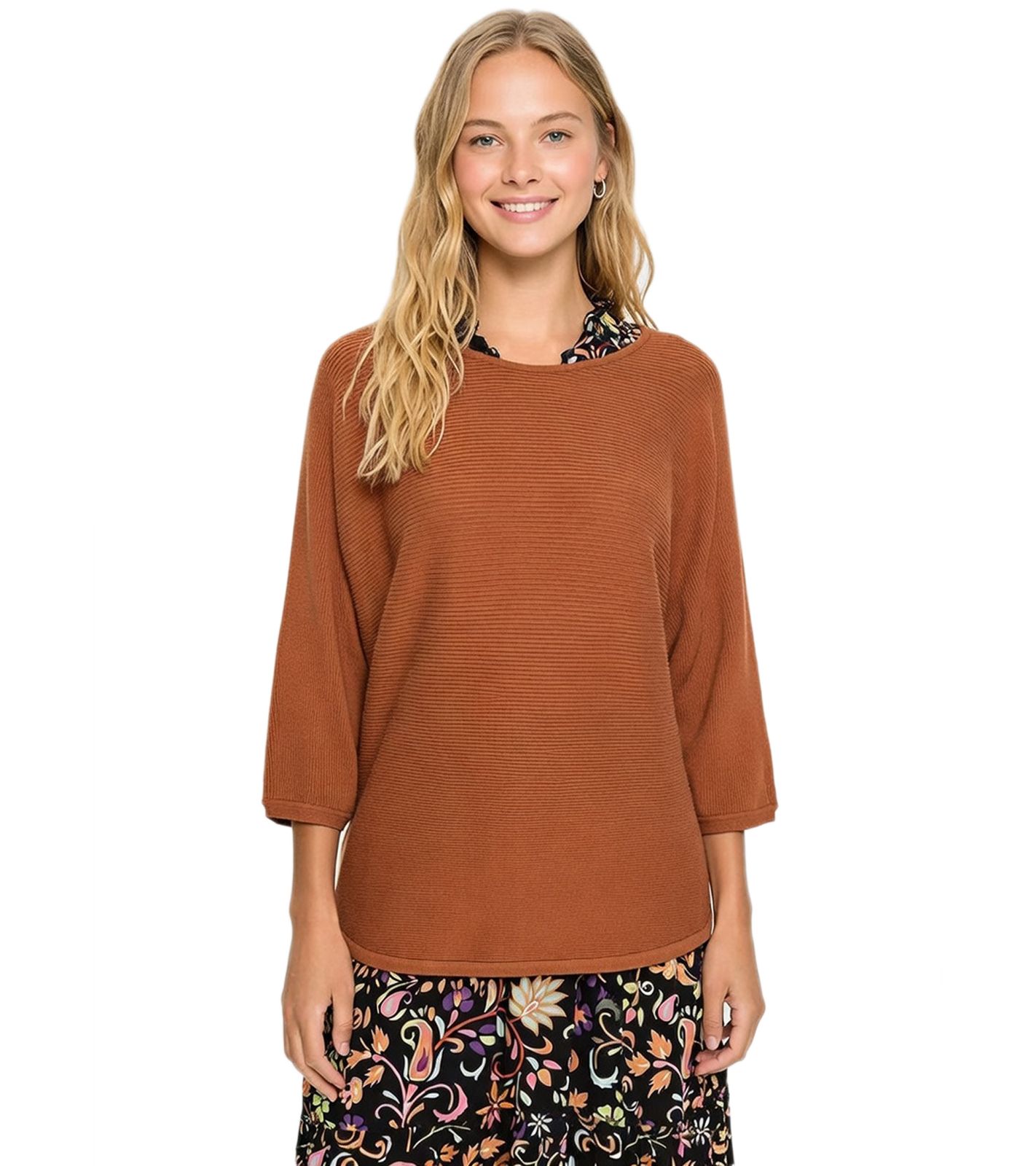bequemer Damen Strick-Pullover Oversized Ripp-Pulli mit 3/4 Arm 964101 Braun