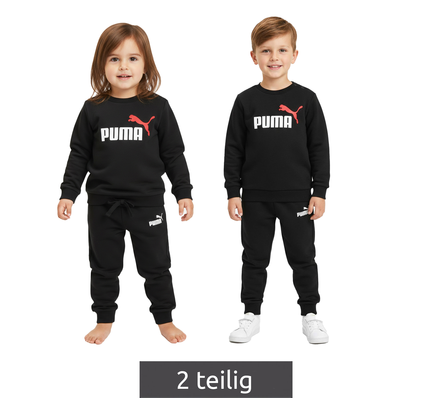 bequemer PUMA Kinder Jogging-Anzug für Jungen und Mädchen 2 teiliger Sweat-Jogger Rundhals-Pullover Baumwoll-Set 627915 01 Schwarz