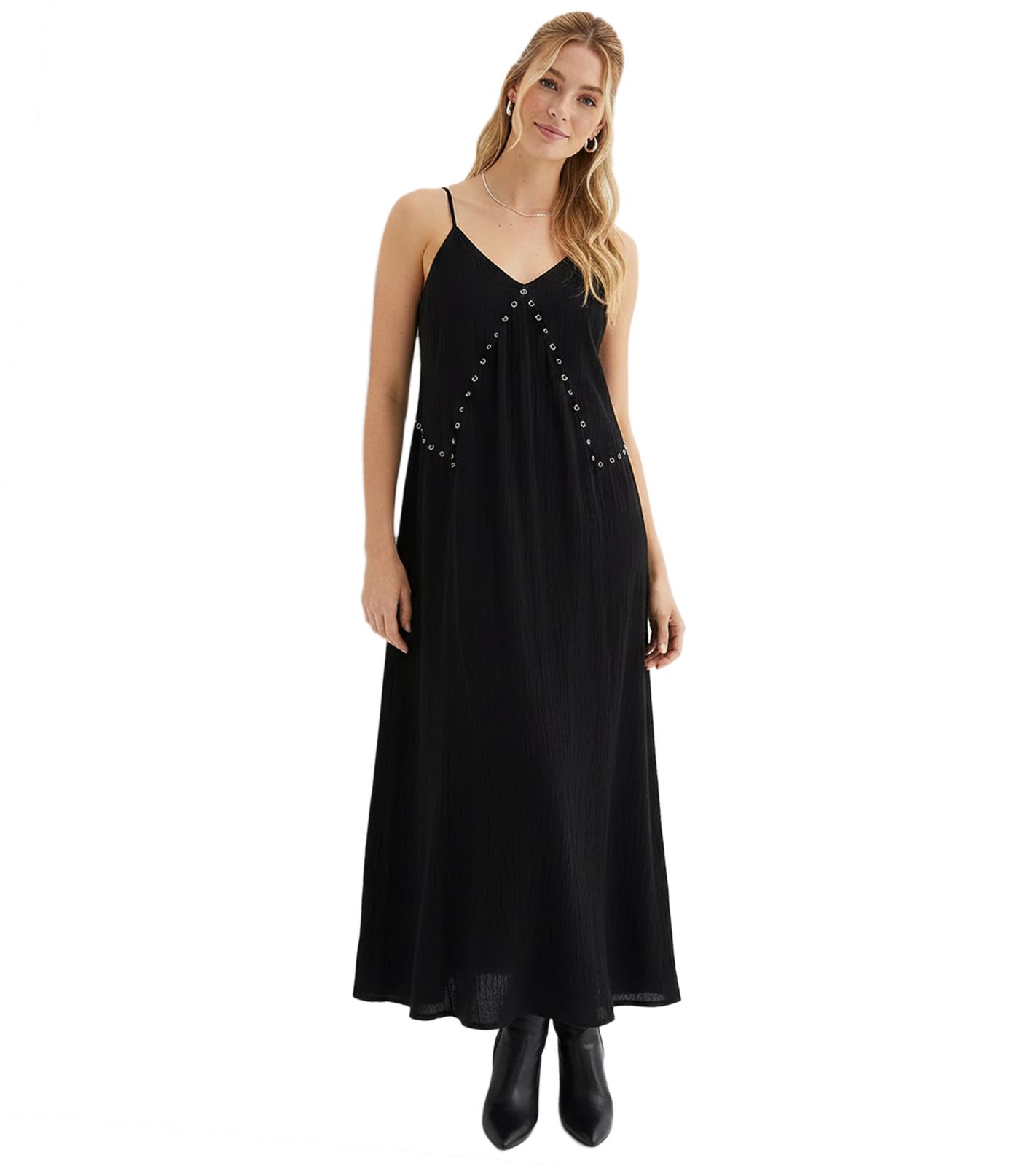 bequemes Damen Maxi Kleid ausgestelltes Baumwoll-Kleid mit Spaghetti-Trägern 905163 Schwarz
