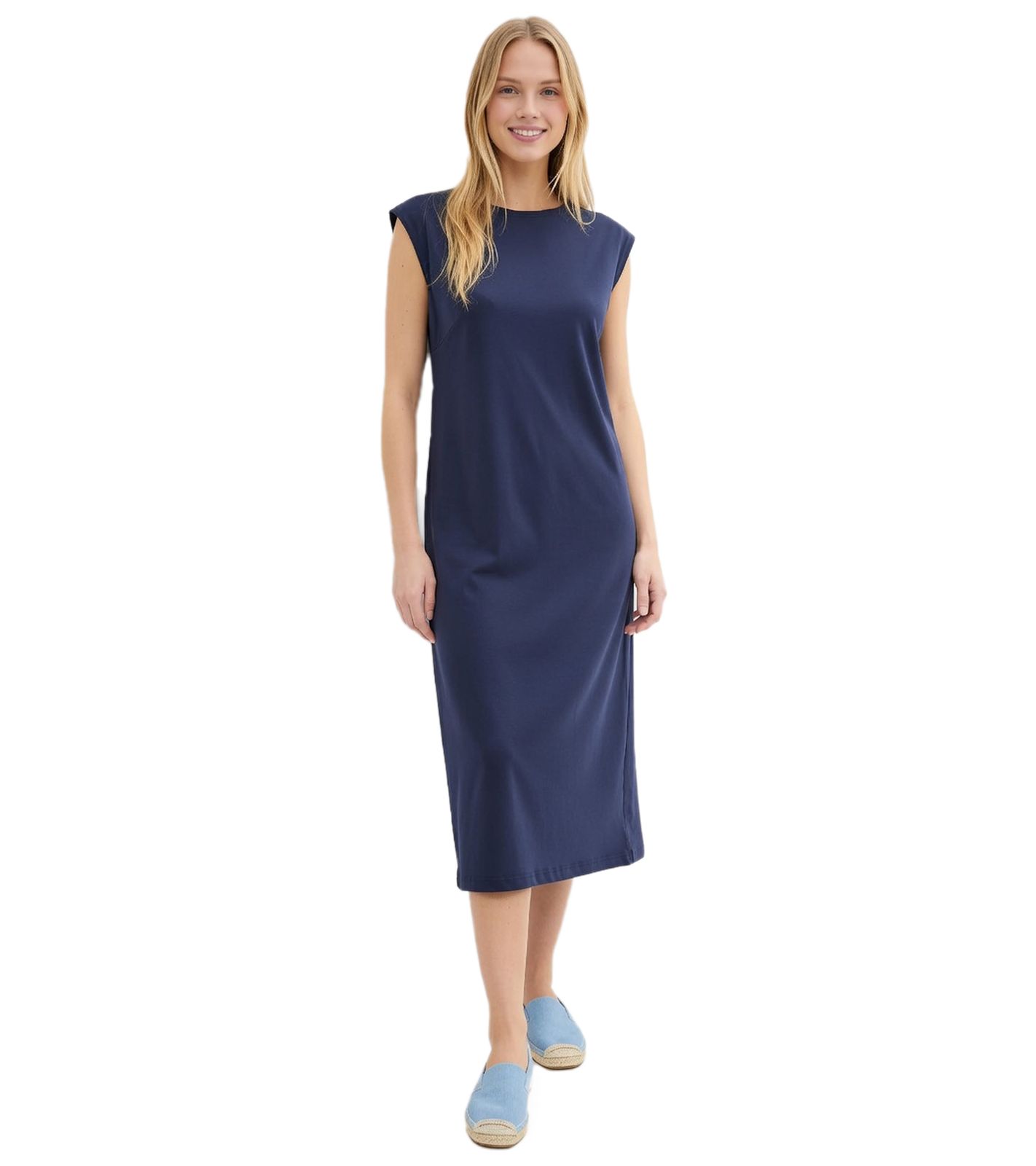 bequemes Damen Maxi Kleid Baumwoll-Kleid mit kurzen Ärmeln und Schlitz 934764 Dunkelblau