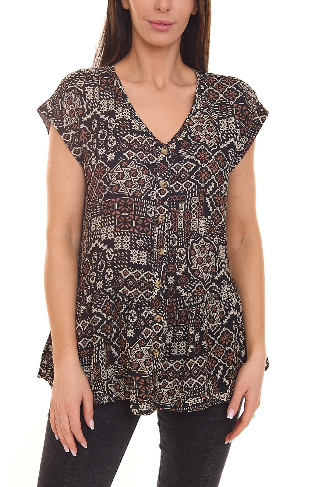 BOYSEN`S Damen Blusen-Top Kurzarm-Shirt mit Allover-Print 87451654 Schwarz/Braun