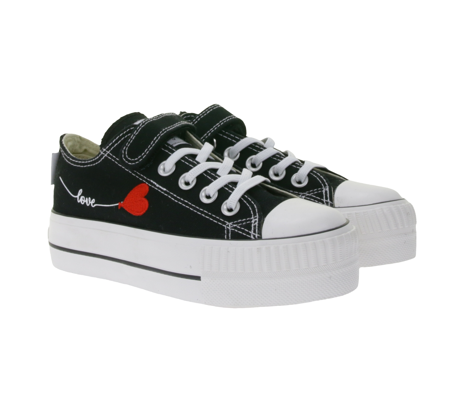 BRITISH KNIGHTS Kaya Low Kinder Low-Top Canvas-Sneaker mit Herz-Stickerei und Love-Print Schnür-Schuhe B49-3706C-02 Schwarz
