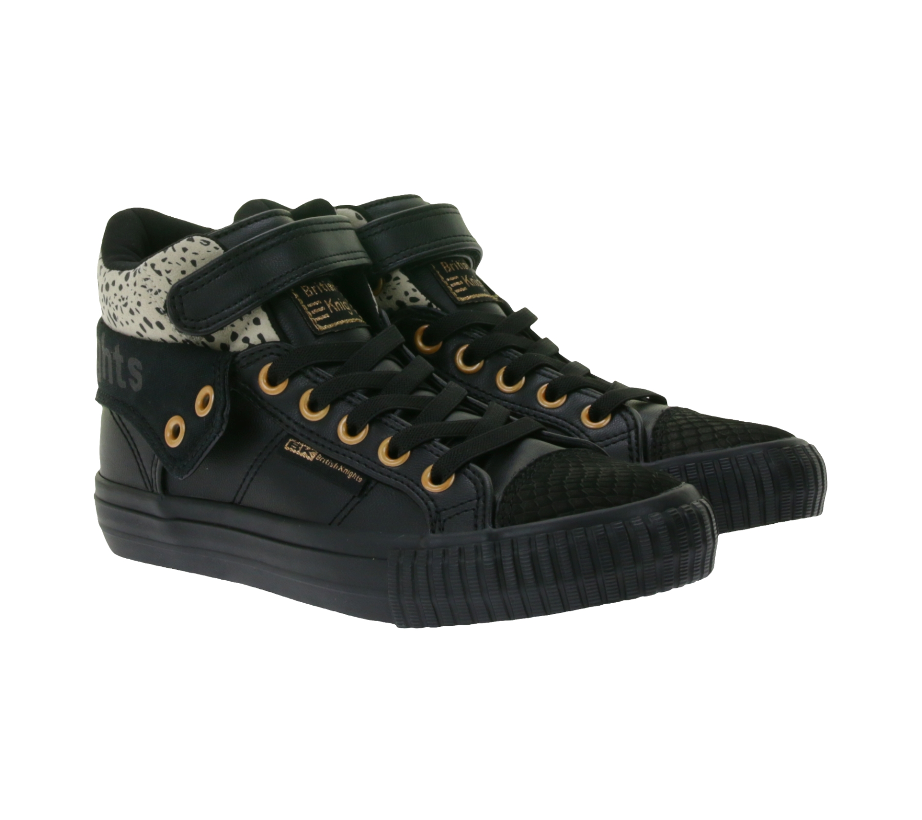 BRITISH KNIGHTS Roco Kinder Mid-Top Sneaker mit Geparden-Muster Schnür-Schuhe mit hoch- oder umklappbaren Schaft Teenager Mädchen B48-3709C-01 Schwarz