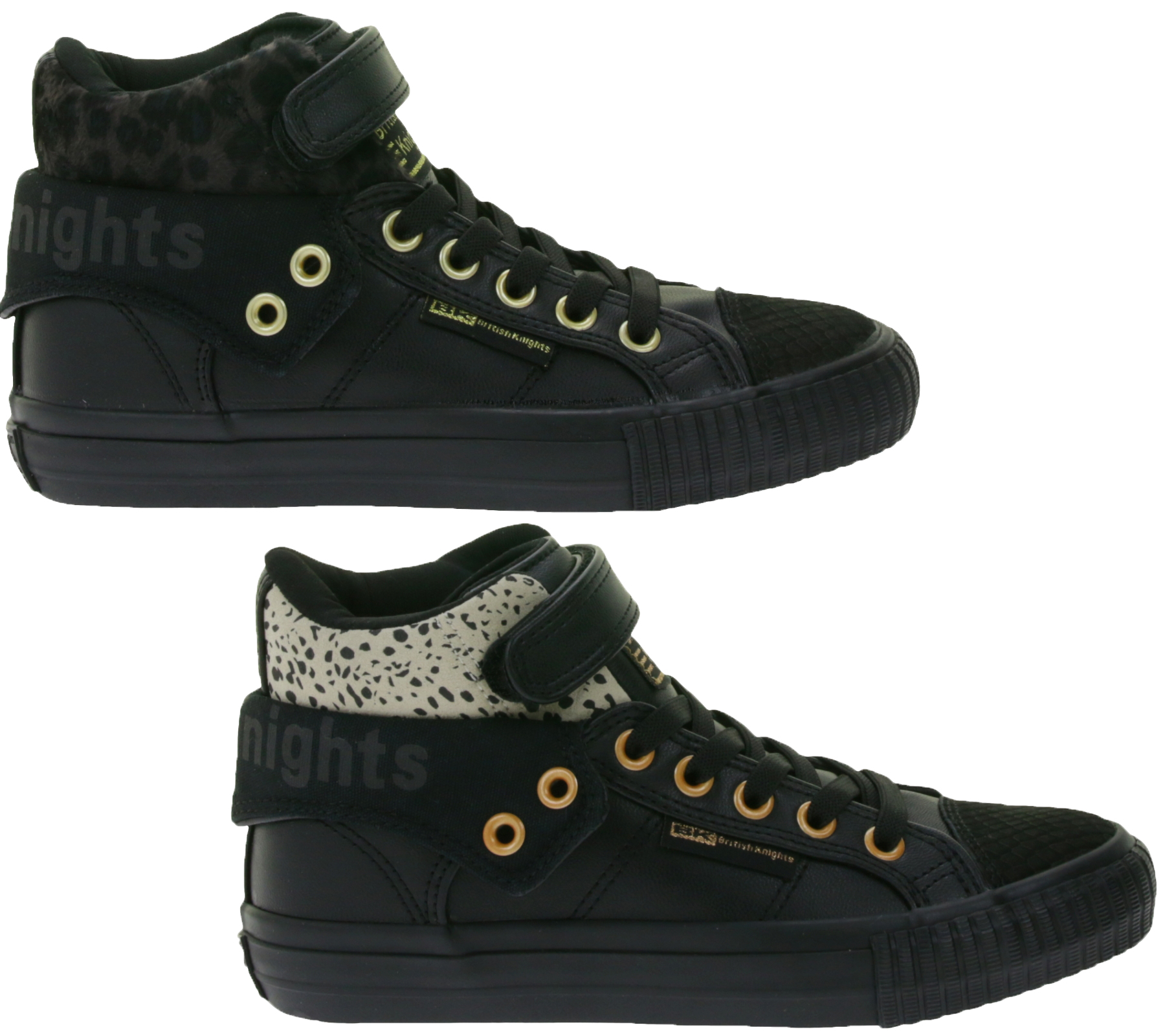 BRITISH KNIGHTS Roco Kinder Mid-Top Sneaker mit Geparden-Muster Schnür-Schuhe mit hoch- oder umklappbaren Schaft Teenager Mädchen B48-3709C Schwarz oder Schwarz/Beige