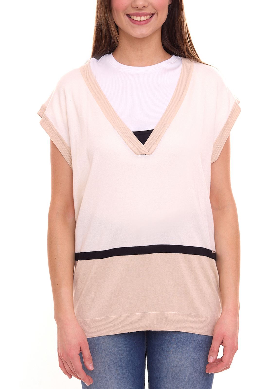 bruno banani Damen Pullunder mit nachhaltiger Viskose Color-Blocking 10298354 Beige/Schwarz