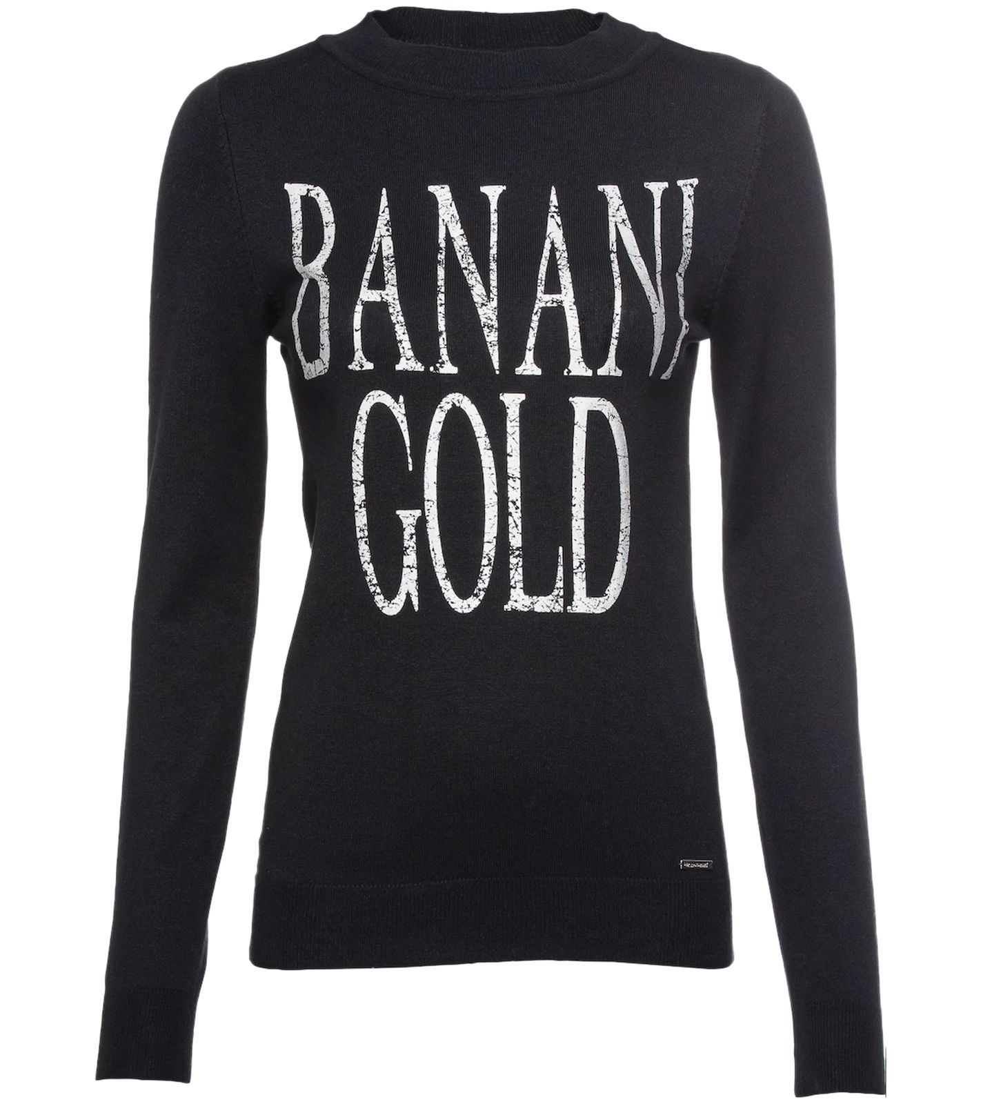 bruno banani Damen Rundhals-Pullover mit großem Frontprint Feinstrick-Sweater 67912760 Schwarz