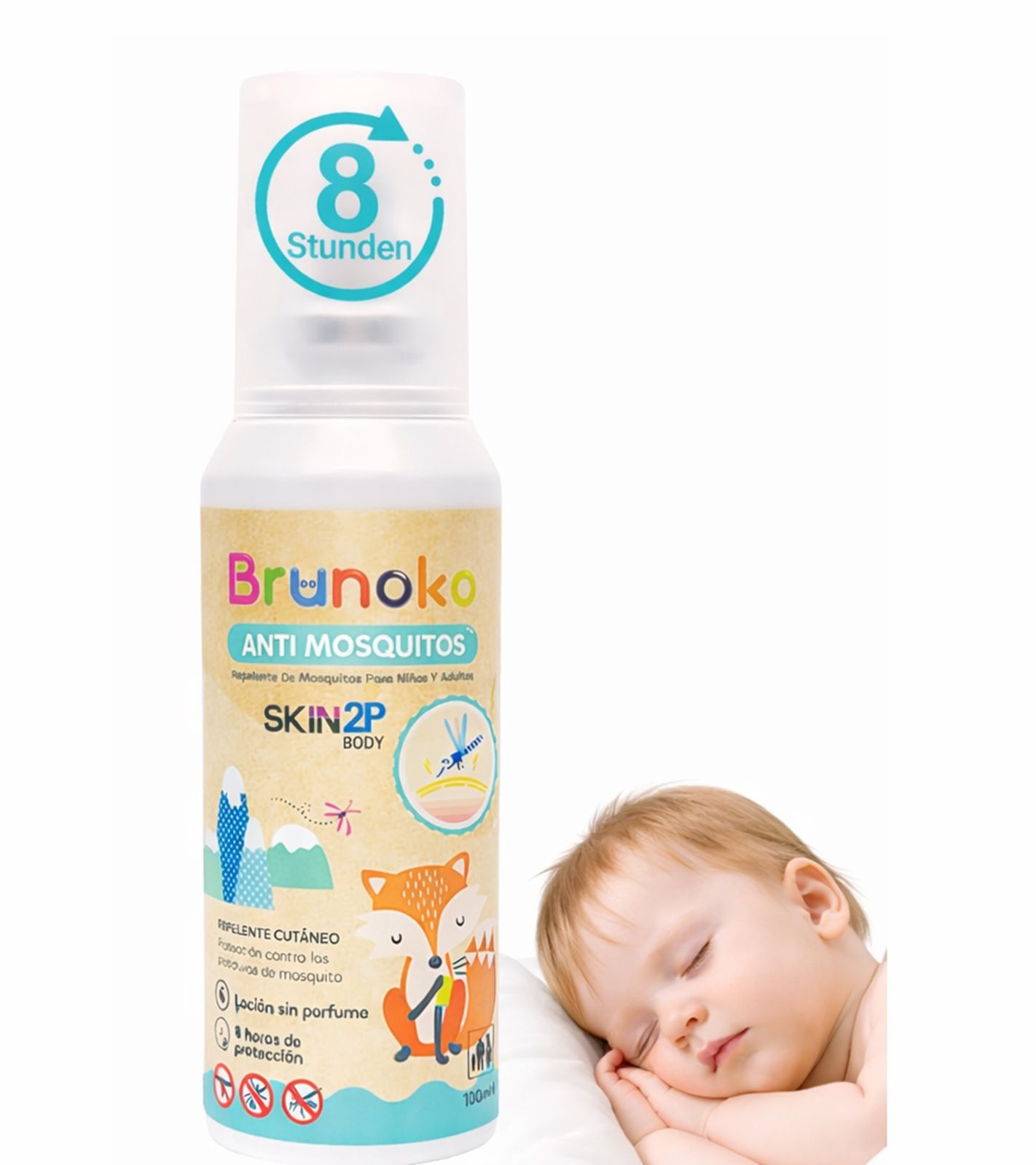 Brunoko Anti-Mücken-Spray für Babys schützt vor Mücken und Bettwanzen geeignet für Körper und Gesicht von Säuglingen Baby-Loation 8 Stunden Schutz vor Tigermücken 100ml Weiß/Grün