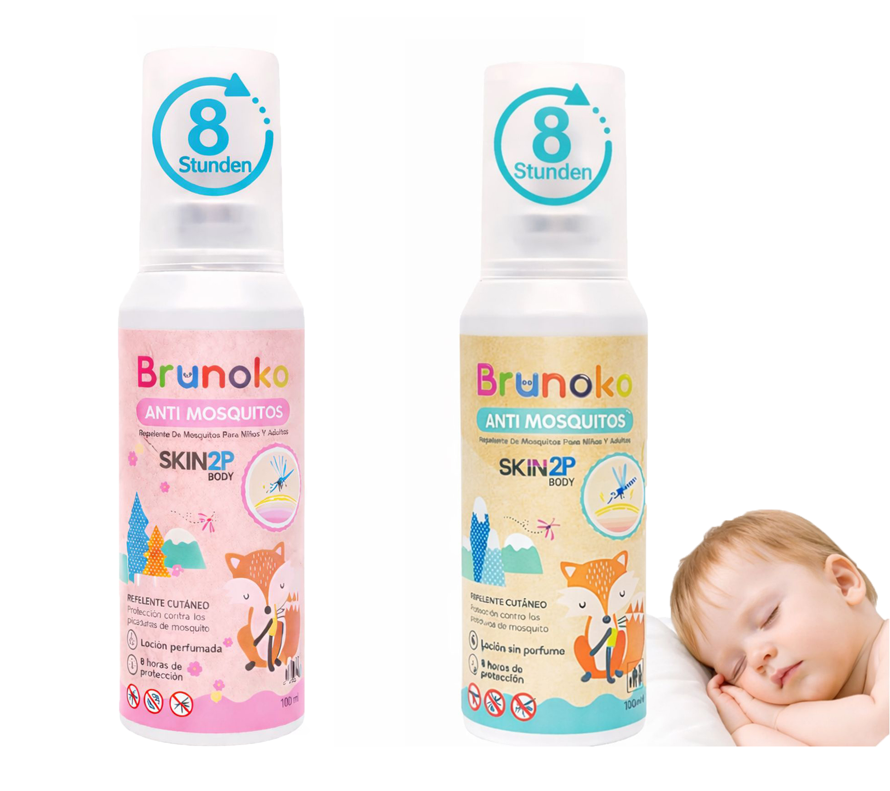Brunoko Anti-Mücken-Spray für Babys schützt vor Mücken und Bettwanzen geeignet für Körper und Gesicht von Säuglingen Baby-Lotion 8 Stunden Schutz vor Tigermücken 100ml Rosa oder Grün