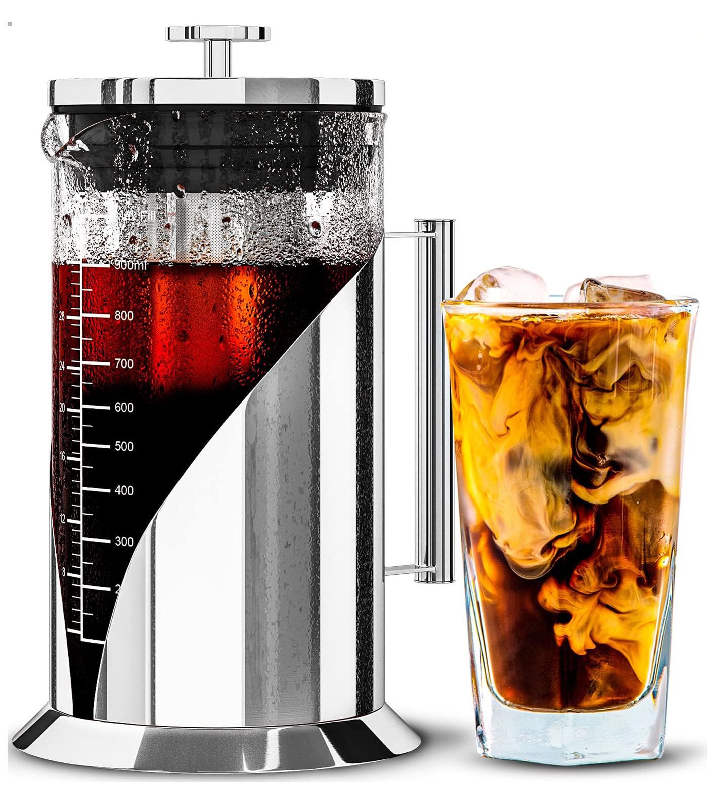 Cafe du Chateau Cold Brew Kaltkaffeebereiter 1 Liter Eiskaffeebereiter Filter aus Edelstahl 304 BPA-frei Kaffee-Maschine Silber