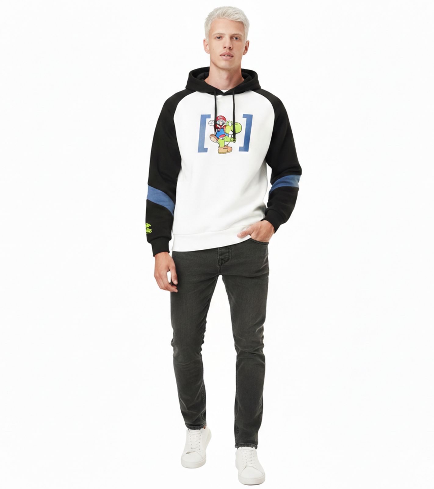CAPSLAB X Super Mario Herren Kapuzen-Pullover mit Mario und Yoshi-Print Baumwoll-Hoodie CL/SMB/1/SW/SUP Weiß/Schwarz