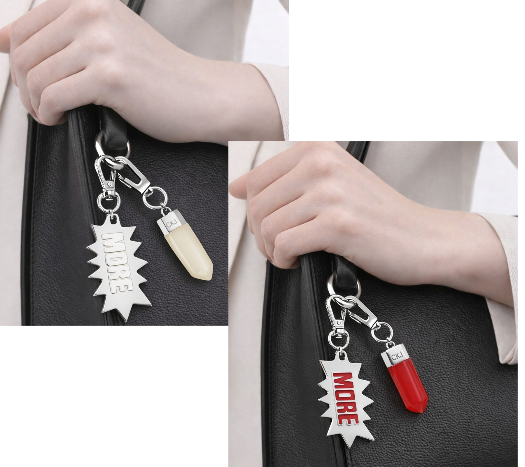 Charismatisches Calvin Klein Charm-Set Downtown Edelstahl-Anhänger mit kontrastfarbigen Harz und MORE-Schriftzug Taschen-Accessoires 7x1,3cm Silber/Weiß oder Silber/Rot