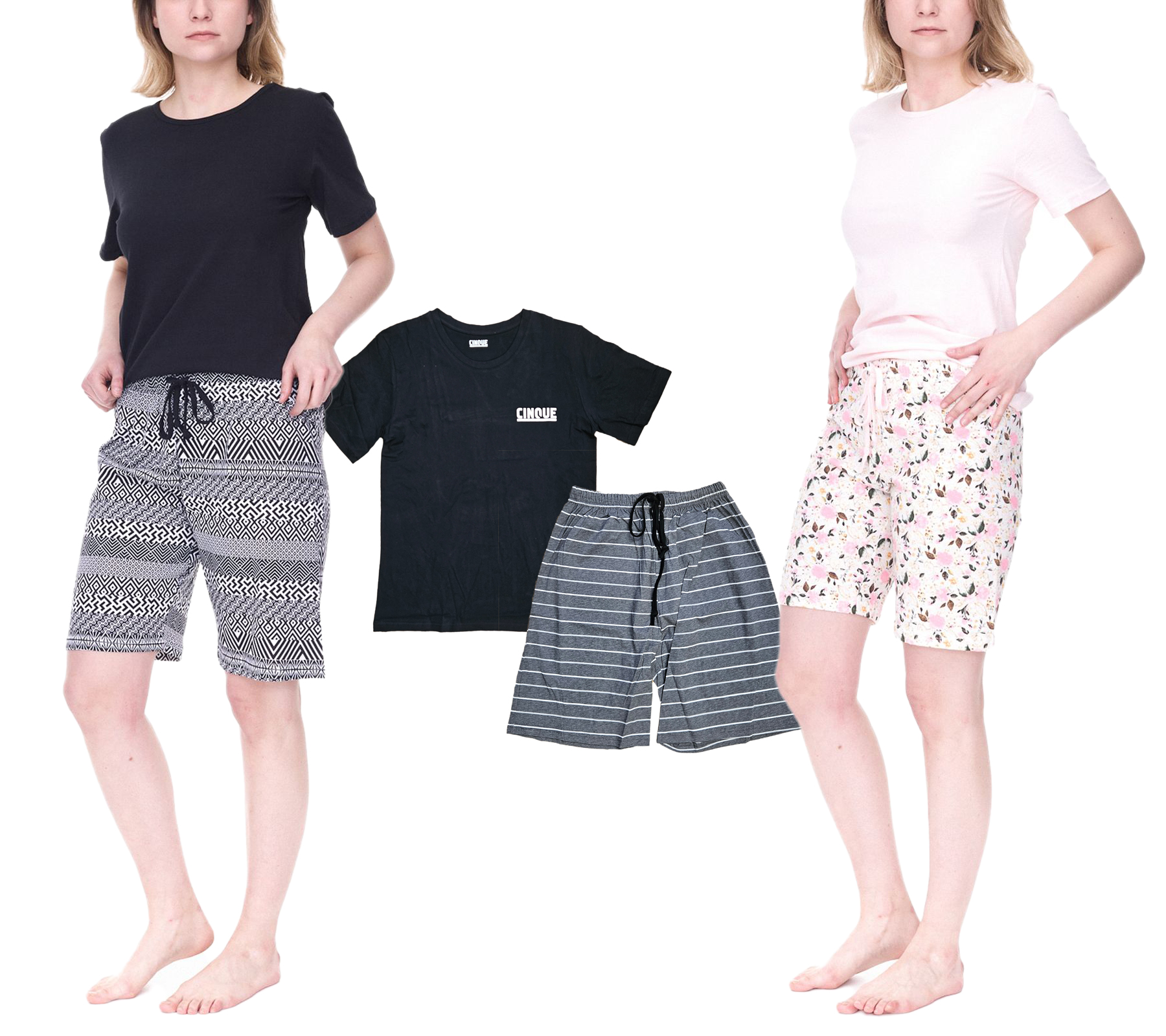 CINQUE Baumwoll-Pyjama kurze Hose Rundhals-Shirt für Damen in Rosa/Weiß, Schwarz/Weiß oder für Herren in Schwarz/Weiß