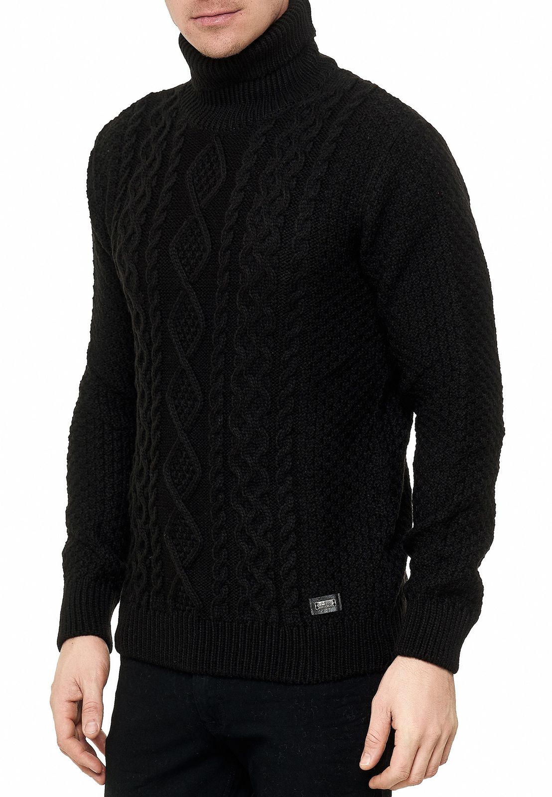 Cooler Herren Grobstrick Rollkragen-Pullover mit eingearbeitetem Muster Sweater 13348 Schwarz
