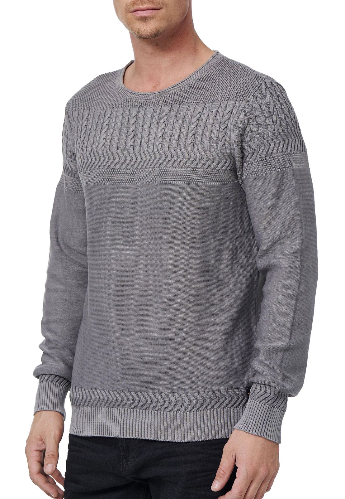Cooler Herren Rundhals-Pullover mit modernem Strick-Muster Feinstrick-Sweater 13393 Anthrazit