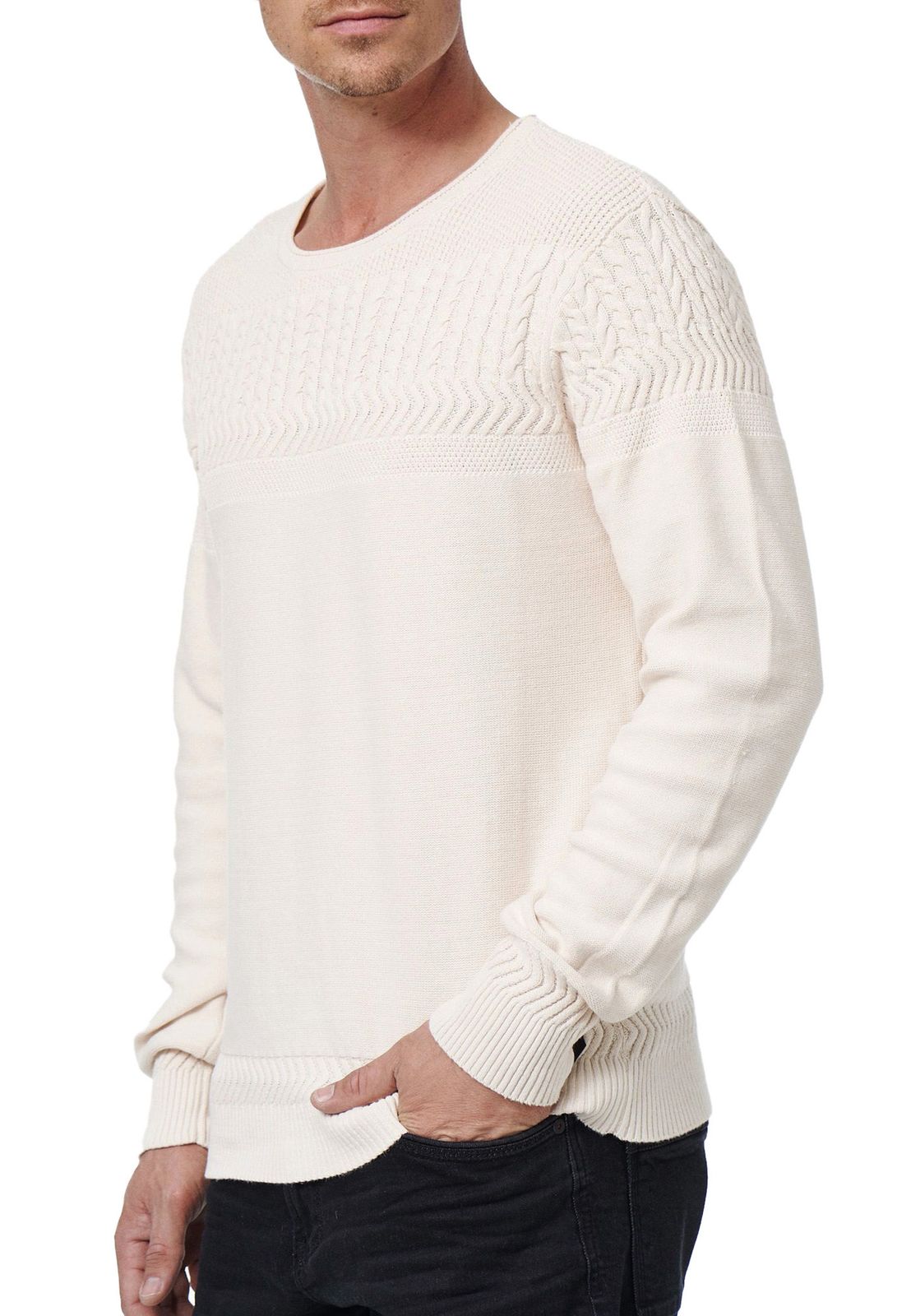 Cooler Herren Rundhals-Pullover mit modernem Strick-Muster Feinstrick-Sweater 13393 Ecru