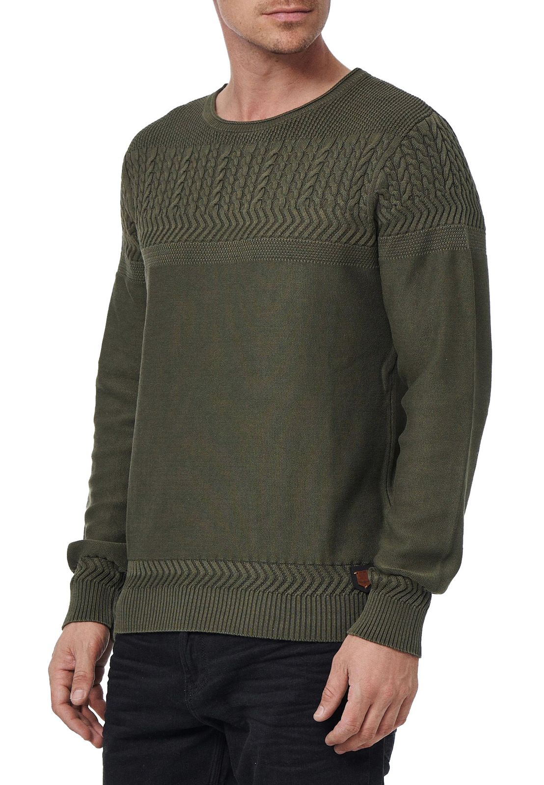 Cooler Herren Rundhals-Pullover mit modernem Strick-Muster Feinstrick-Sweater 13393 Khaki