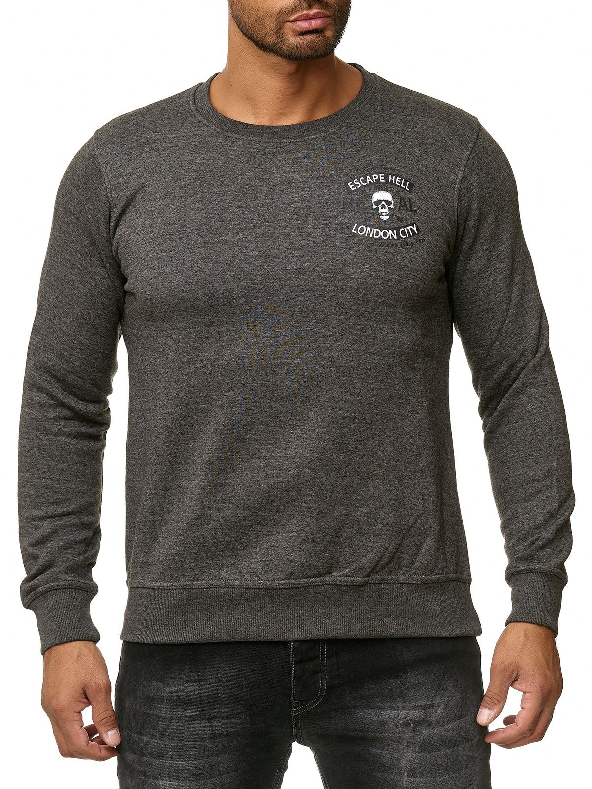 Cooler Herren Rundhals-Sweater mit Skull Print und großem Rückendruck Pullover 19104 Anthrazit