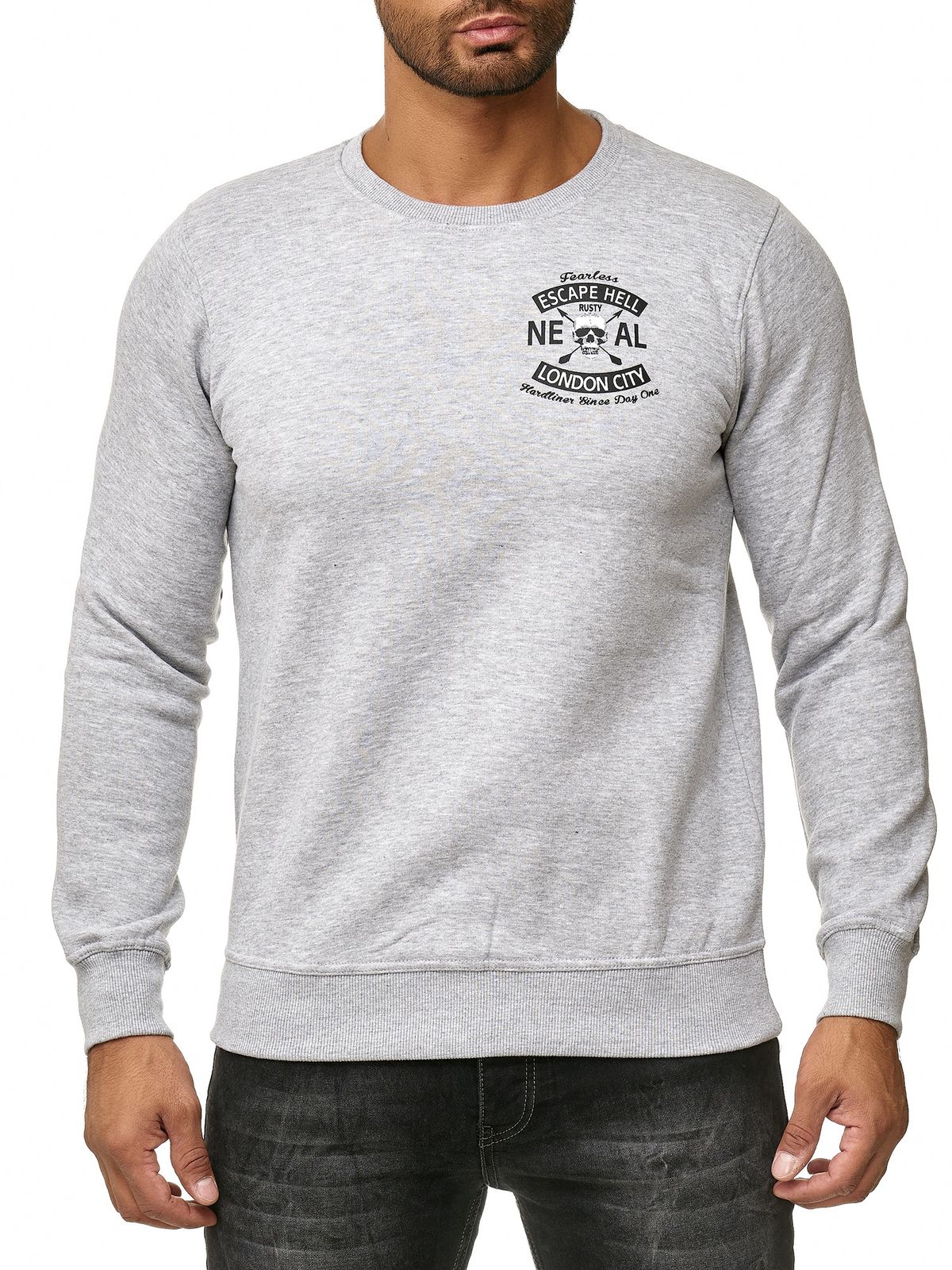 Cooler Herren Rundhals-Sweater mit Skull Print und großem Rückendruck Pullover 19104 Grau