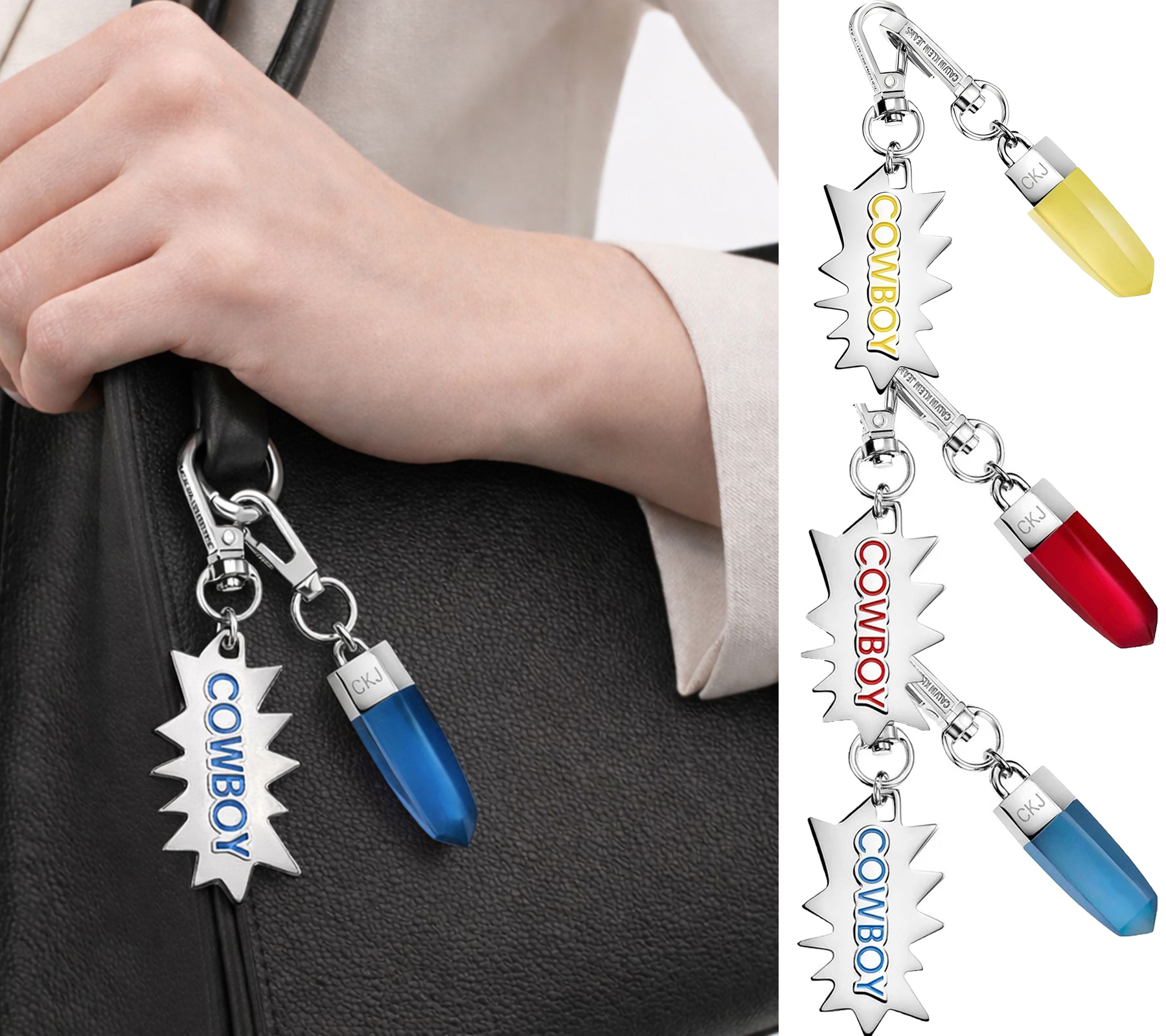 Cooles Calvin Klein Charm-Set Downtown Edelstahl-Anhänger mit kontrastfarbigen Harz und COWBOY-Schriftzug Taschen-Accessoires 7x1,3cm Gelb, Rot oder Blau