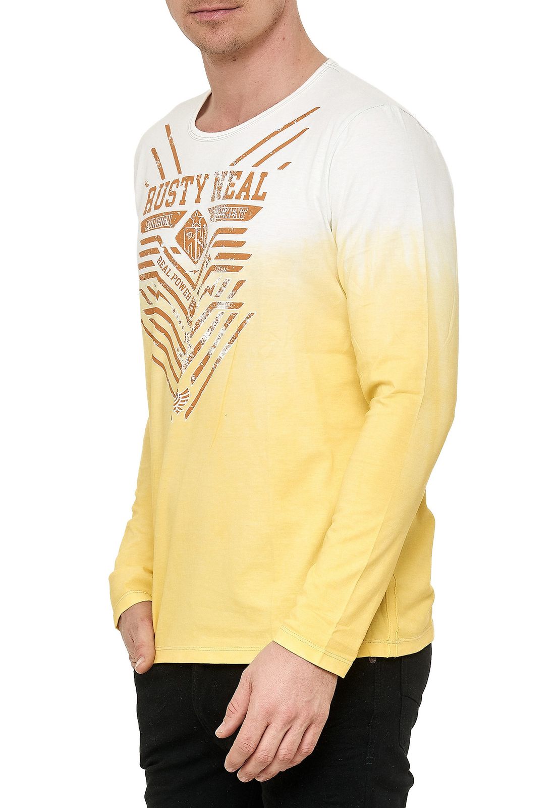 Cooles Herren Longsleeve mit Farbverlauf und Frontprint Slim Fit Rundhals Langarm-Shirt im Washed Look 10148 Gelb