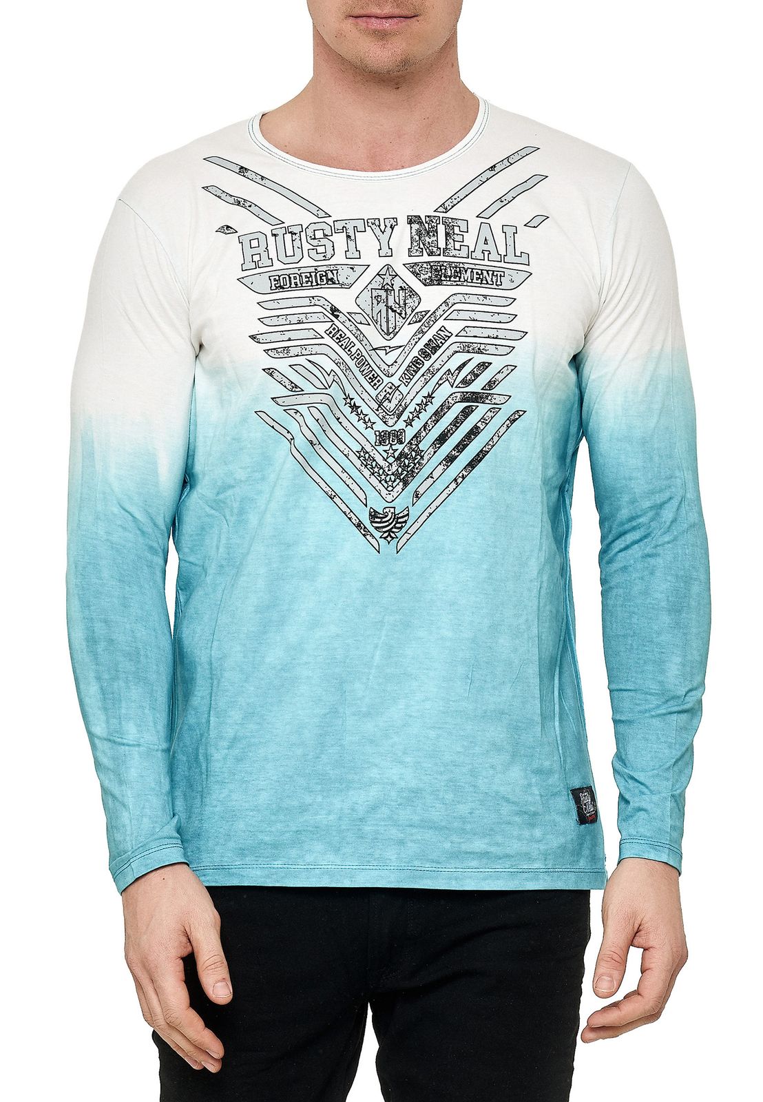 Cooles Herren Longsleeve mit Farbverlauf und Frontprint Slim Fit Rundhals Langarm-Shirt im Washed Look 10148 Petrol