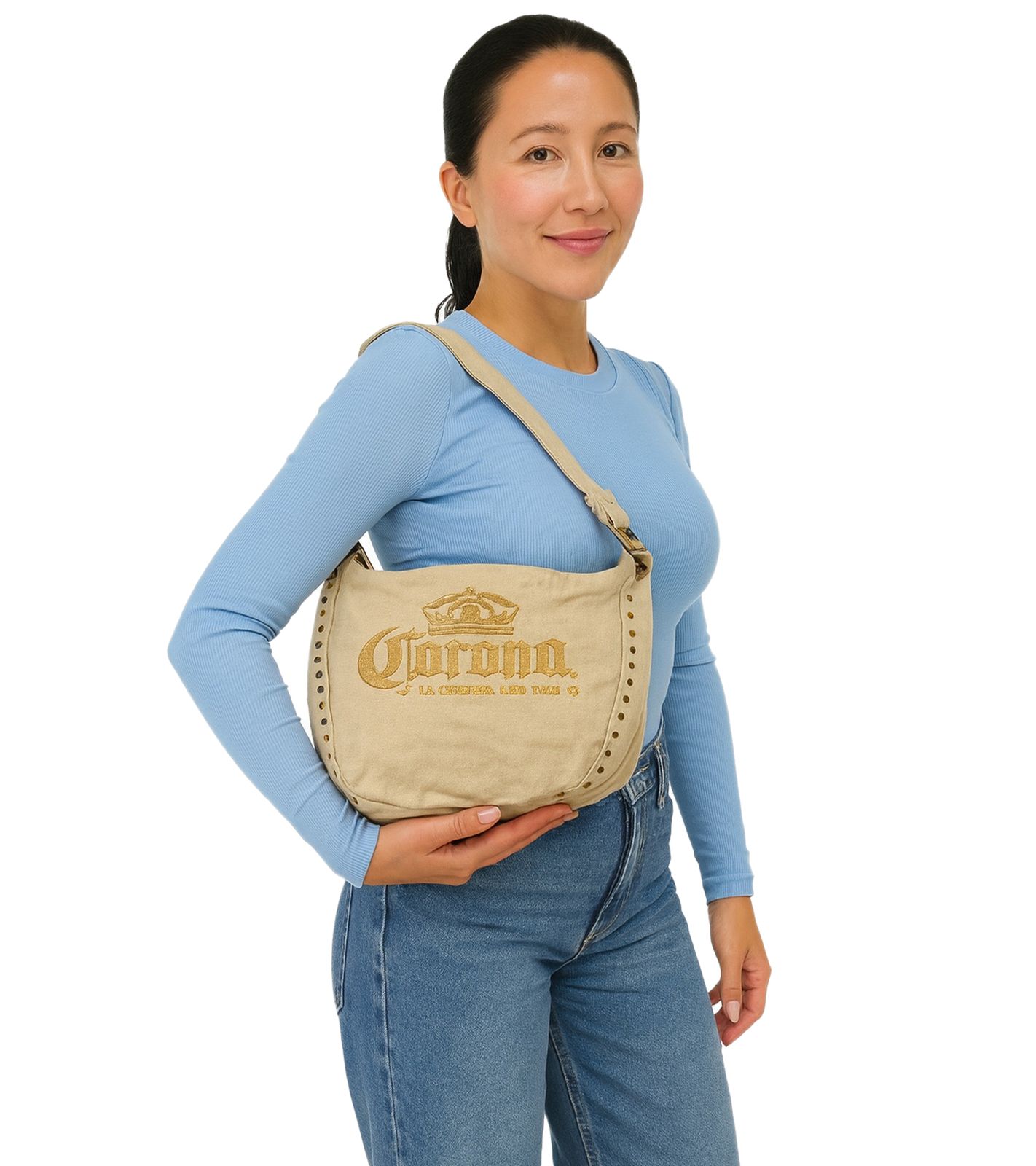 Corona Bier Canvas Schulter-Tasche kleiner Shopper Fan-Artikel Canvas Tasche 34x21 cm Beige/Braun