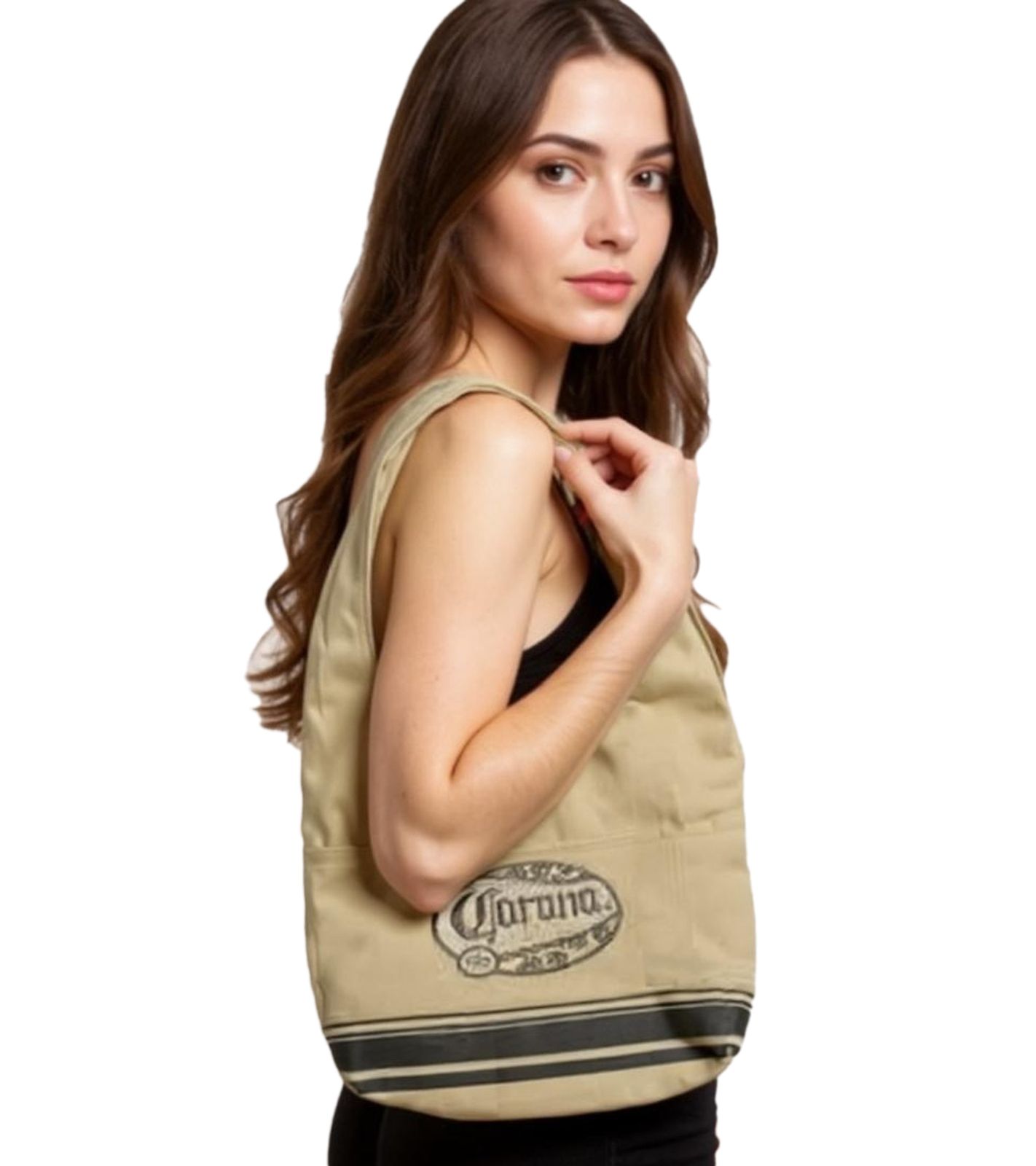 Corona Bier Canvas Schulter-Tasche kleiner Shopper Fan-Artikel Canvas Tasche 48x25 cm Beige/Braun