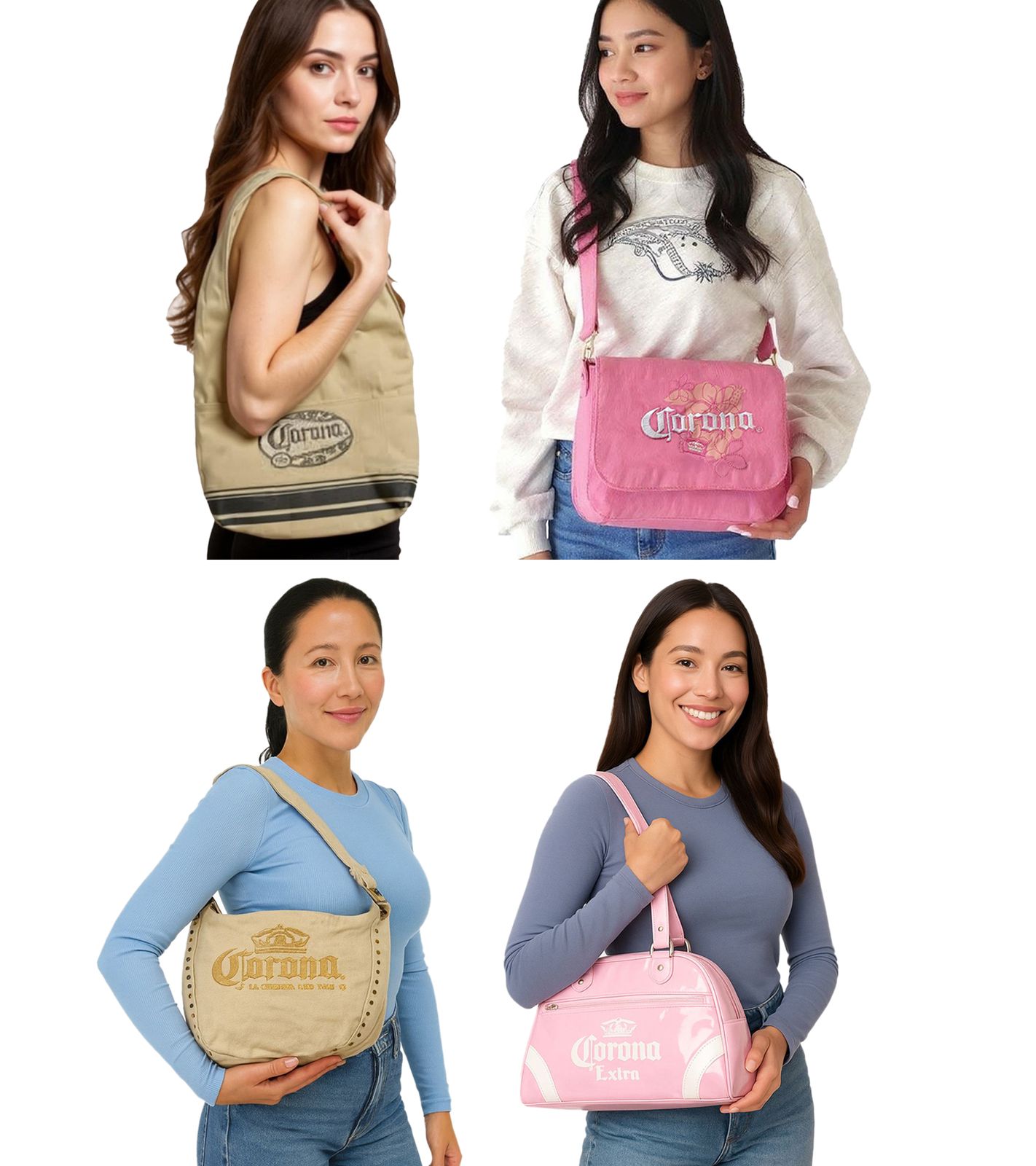 Corona Bier Damen Schulter-Tasche mit Logo-Stickerei Fan-Artikel verschiedene Modelle wie Canvas-Tasche, kleiner Shopper oder Bowling-Bag in Rosa oder Beige/Braun