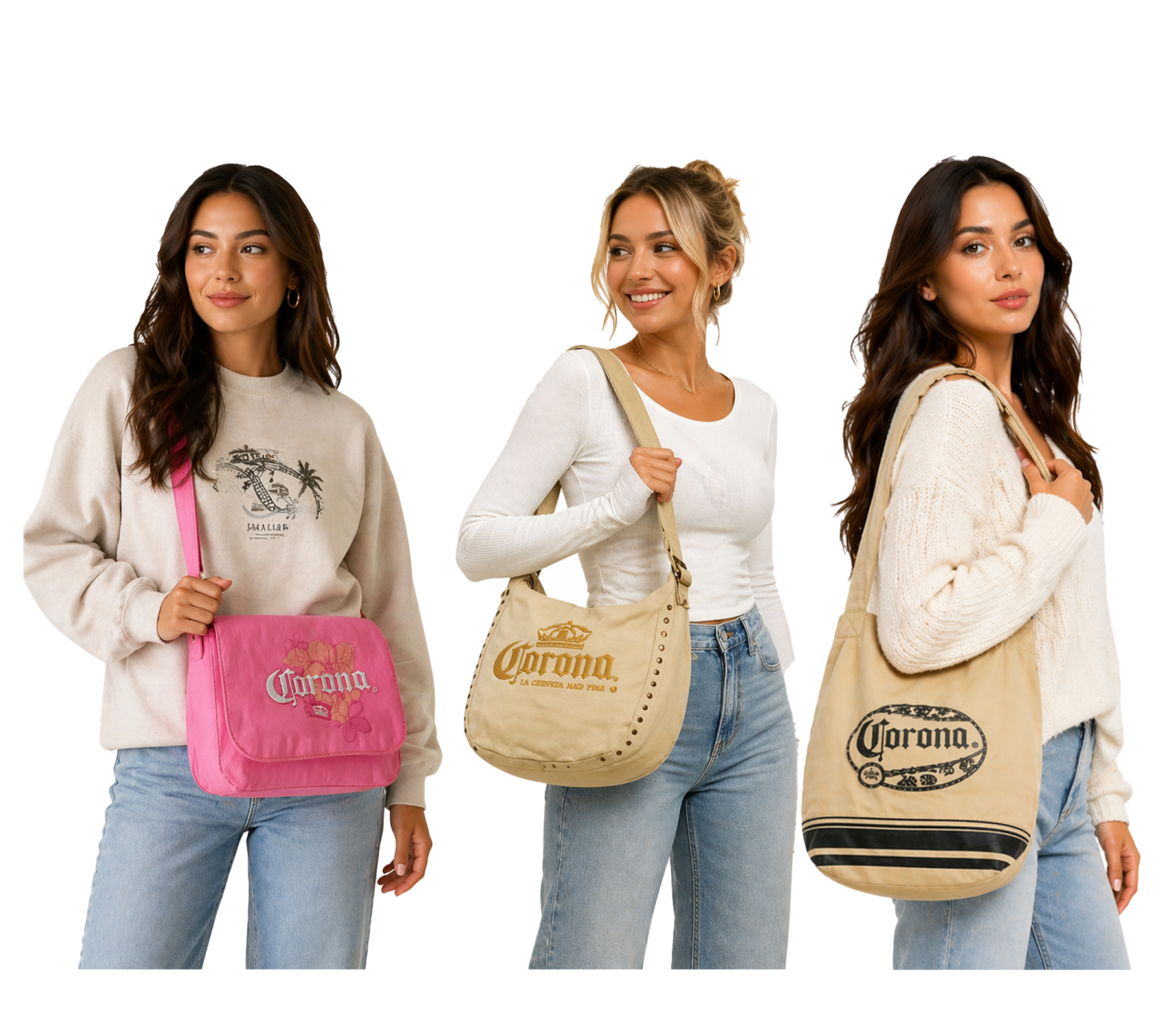Corona Bier Vintage Tasche Damen Schultertasche Logo Stickerei Fanartikel Canvas Shopper Bowling Bag in Rosa oder Beige/Braun