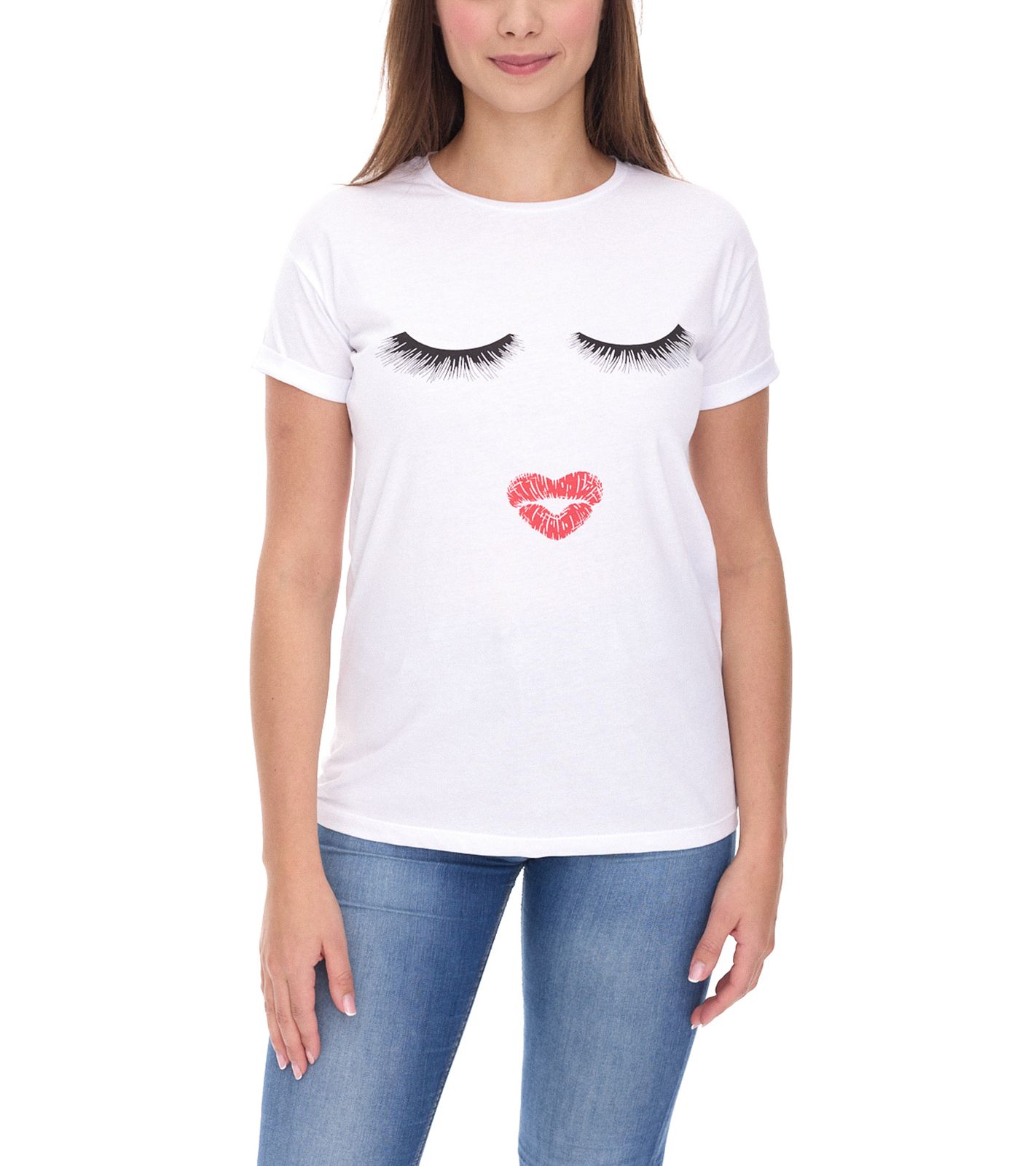 COURSE Damen T-Shirt mit Kussmund-Aufdruck Sommer-Shirt Baumwoll-Oberteil Freizeit-Shirt 900069 Weiß