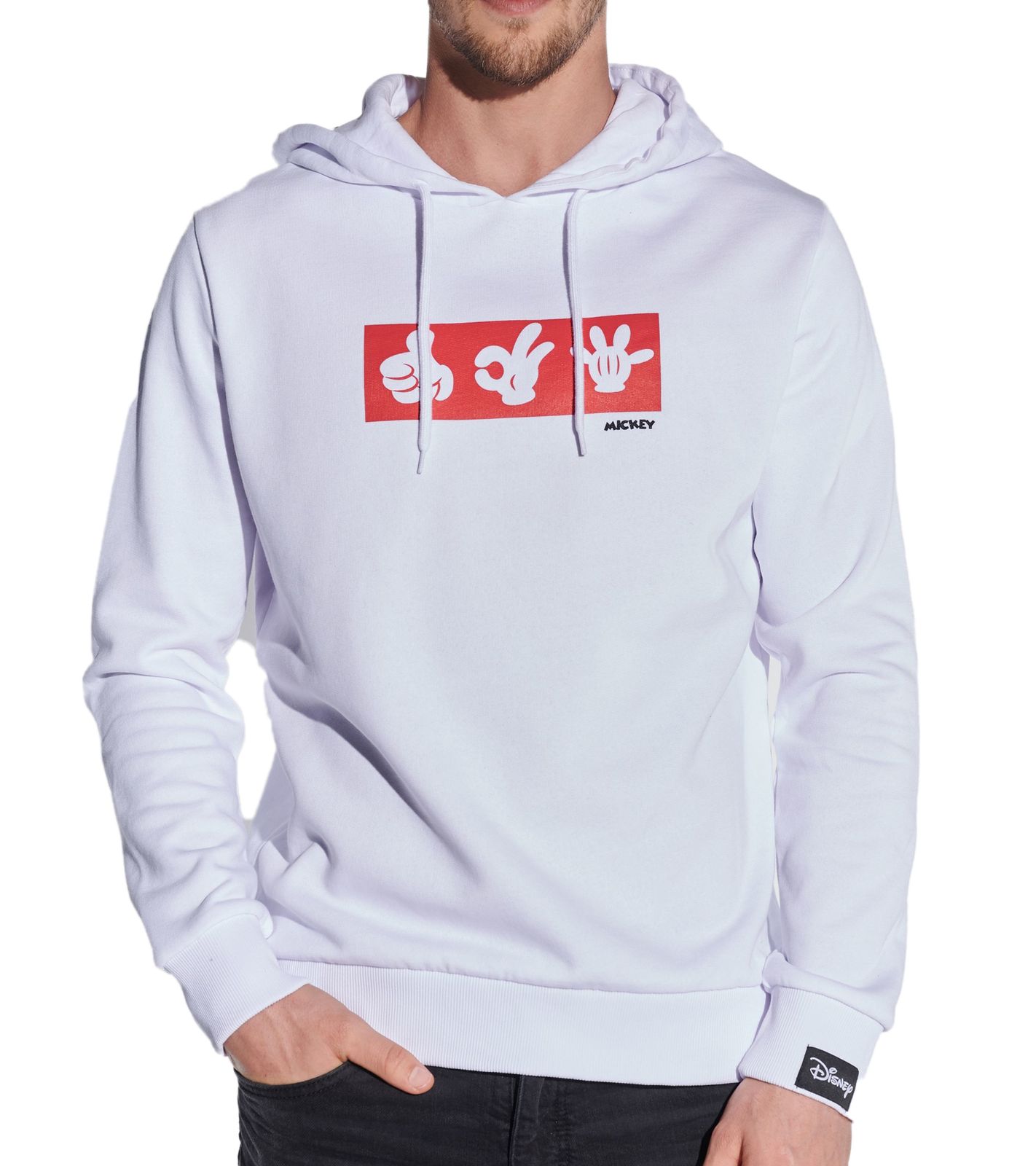 COURSE Mickey Mouse Herren Hoodie mit Mickey-Hand-Print und Patch Kapuzen-Pullover Baumwoll-Sweater 4845 Weiß