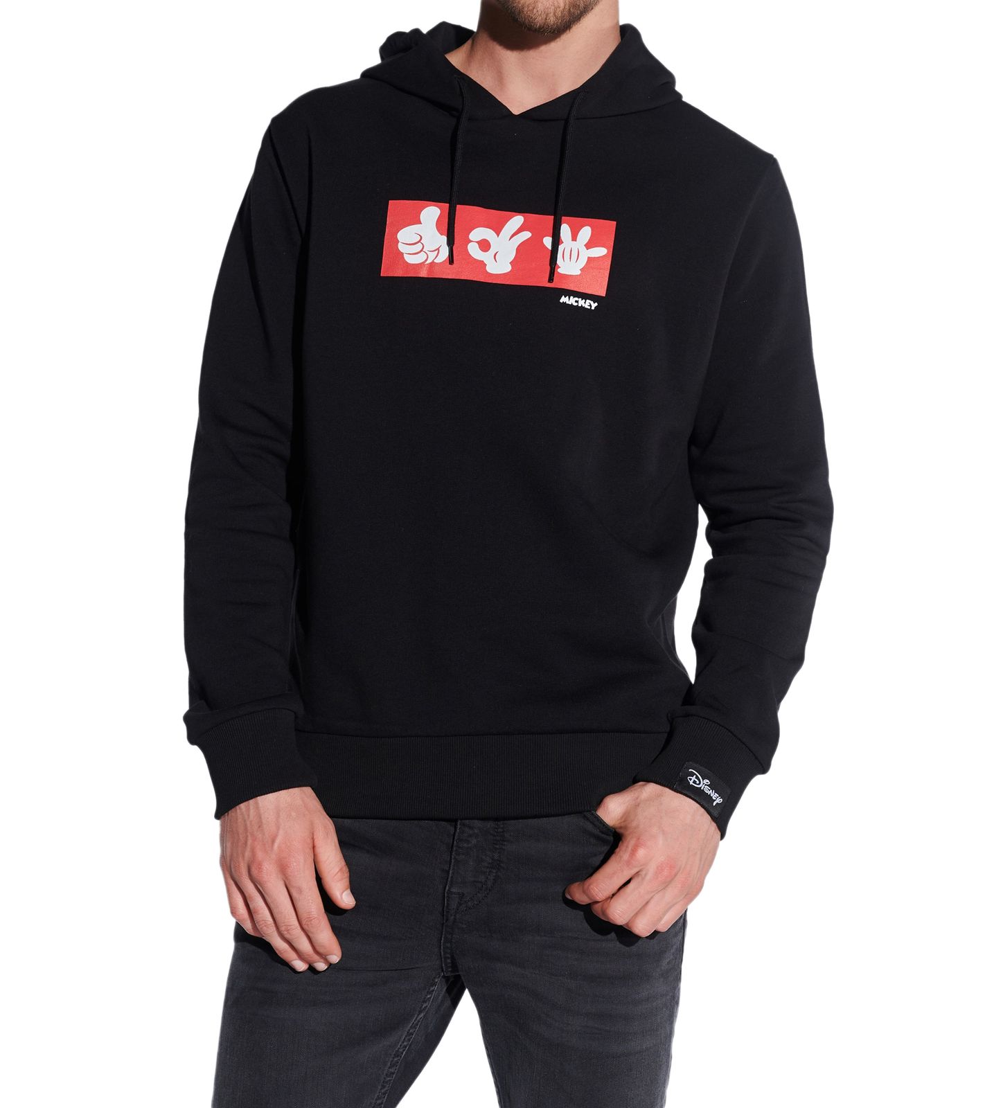 COURSE Mickey Mouse Herren Hoodie mit Mickey-Hand-Print und Patch Kapuzen-Pullover Baumwoll-Sweater 4846 Schwarz