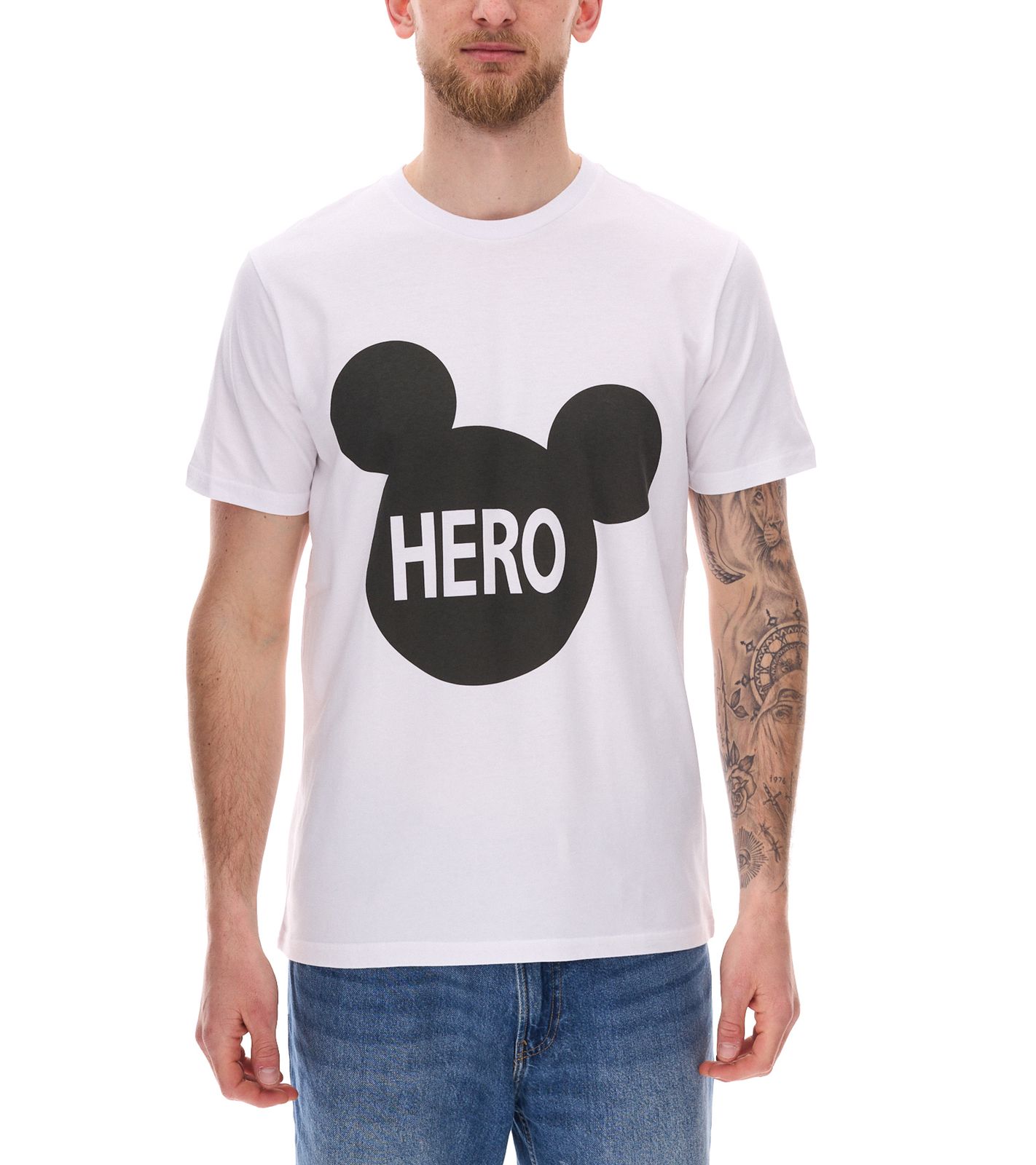 COURSE Mickey Mouse Herren T-Shirt mit HERO Print Baumwoll-Shirt Rundhals 901869 Weiß