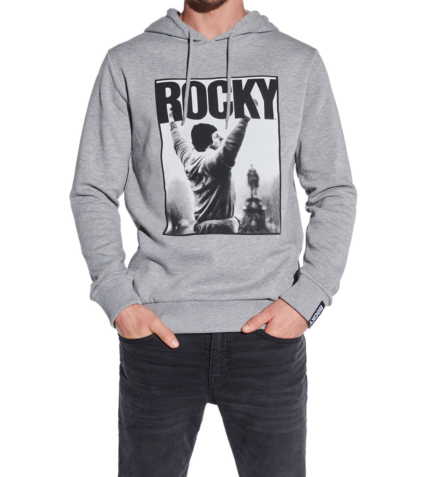 COURSE Rocky Balboa Herren Hoodie im melierten Design Kapuzen-Pullover mit großen Rocky Foto-Print und Patch Baumwoll-Sweater 4860 Grau