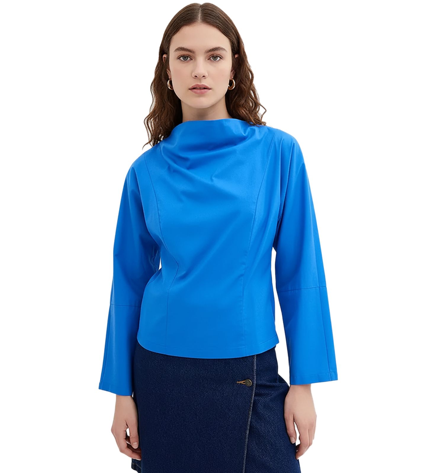 Damen Baumwoll-Popeline-Bluse mit Wasserfallausschnitt Alltags-Bluse 925072 Blau