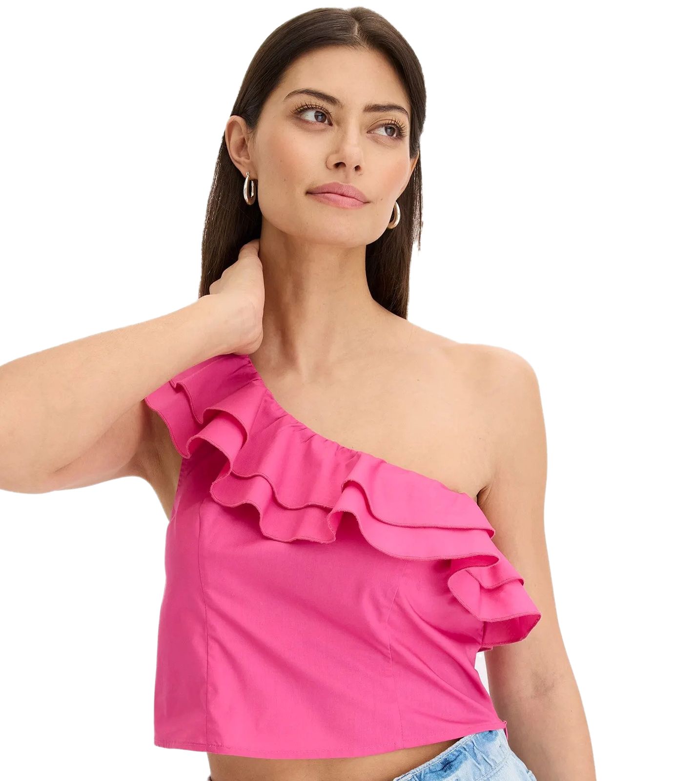 Damen Bluse One-Shoulder mit Puff Baumwoll-Bluse Sommer-Top Kurzarm-Shirt 943264 Rosa