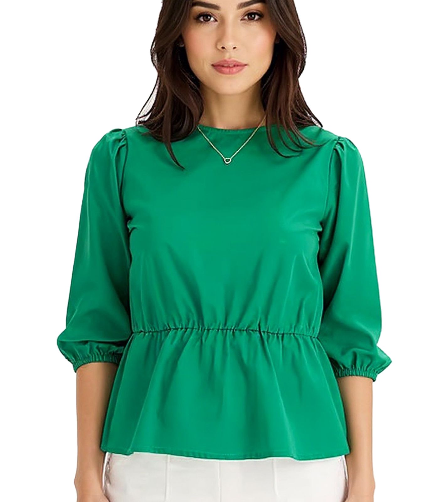 Damen Bluse Rundhals-Bluse mit 3/4 Ärmeln und Taillengummi Baumwoll-Bluse 950069 Grün