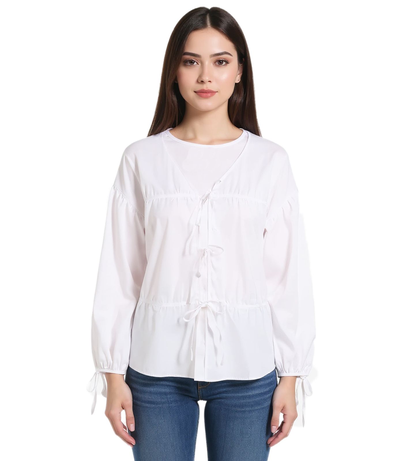 Damen Business-Bluse mit Bindeband Office-Cardigan Sommer-Shirt 943358 Weiß