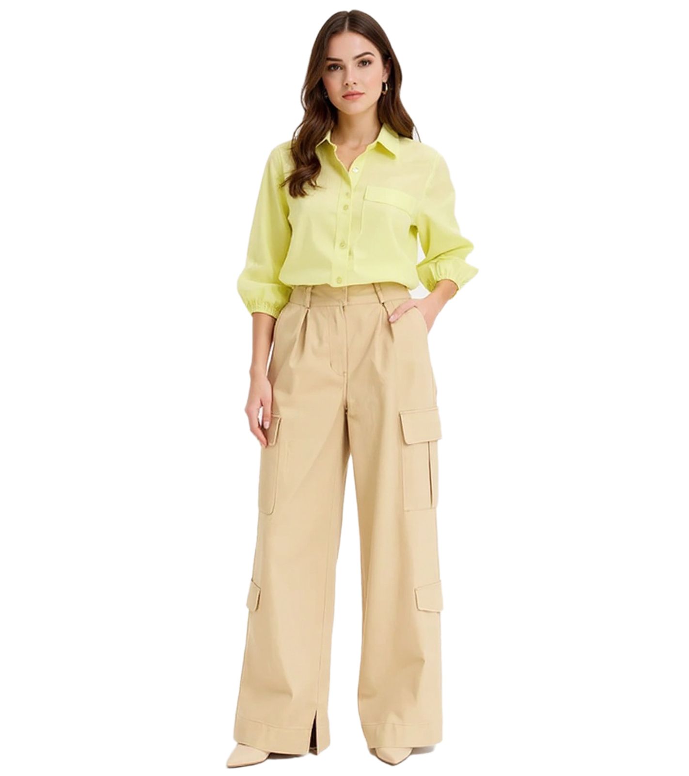 Damen Cargo-Hose praktische Baumwolle Wide-Leg High-Waist Sommer-Hose 972109 Beige