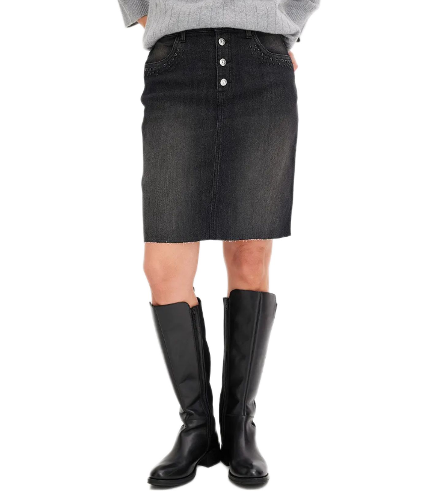Damen Denim-Rock mit Strasssteinen Jeans-Rock Baumwoll-Rock Mini-Rock 918098 Schwarz/Grau