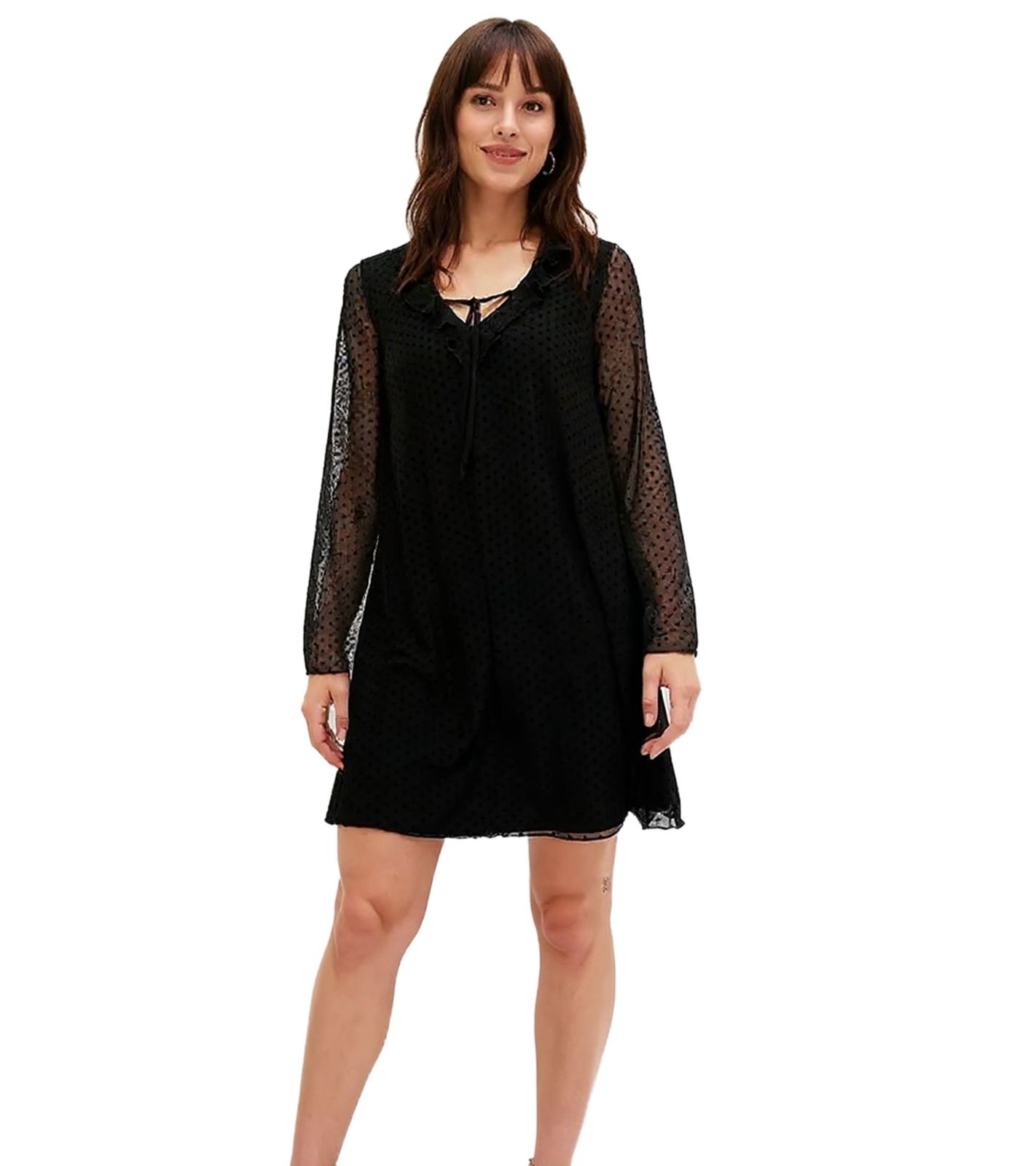 Damen Kleid gepunktetes Netzkleid stylisches Alltags-Kleid 909669 Schwarz