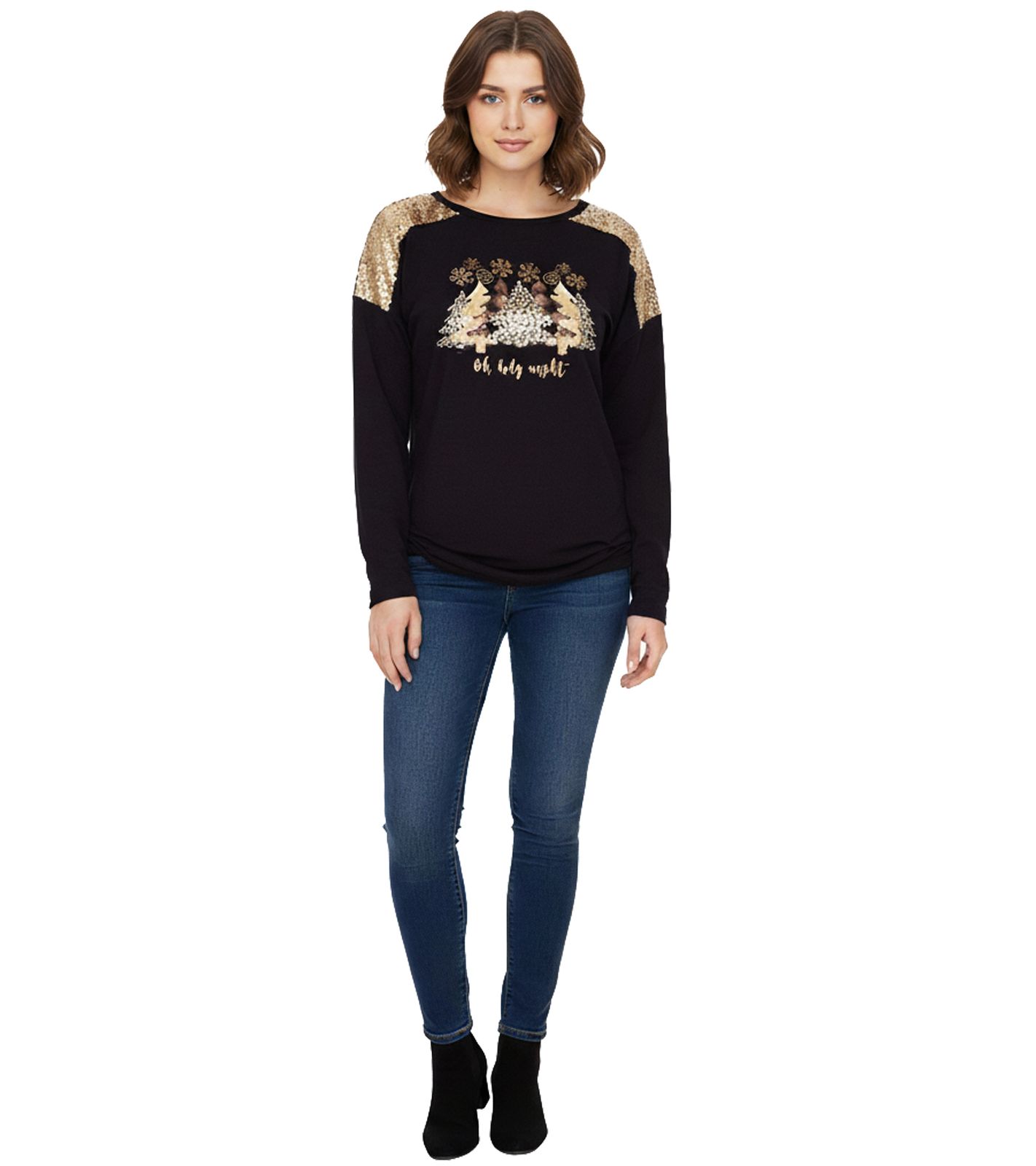 Damen Langarm-Pullover mit Weihnachts-Muster Shirt mit Pailletten Longsleeve mit Glitzer-Aufdruck 951384 Schwarz/Gold