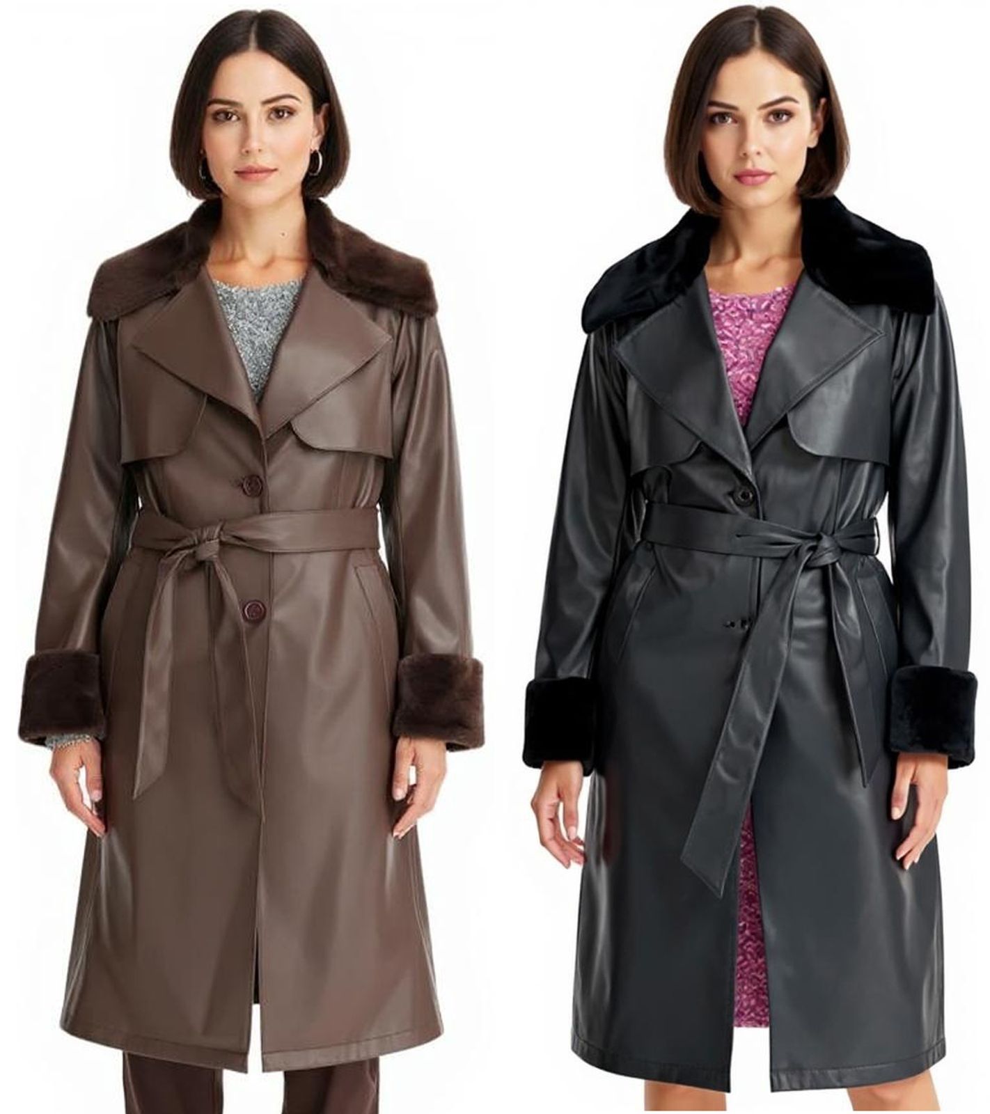 Damen Lederimitat-Mantel mit Teddyfell Kragen Kunstlammfell-Jacke Herbst-Mantel 914589 Braun oder 957801 Schwarz