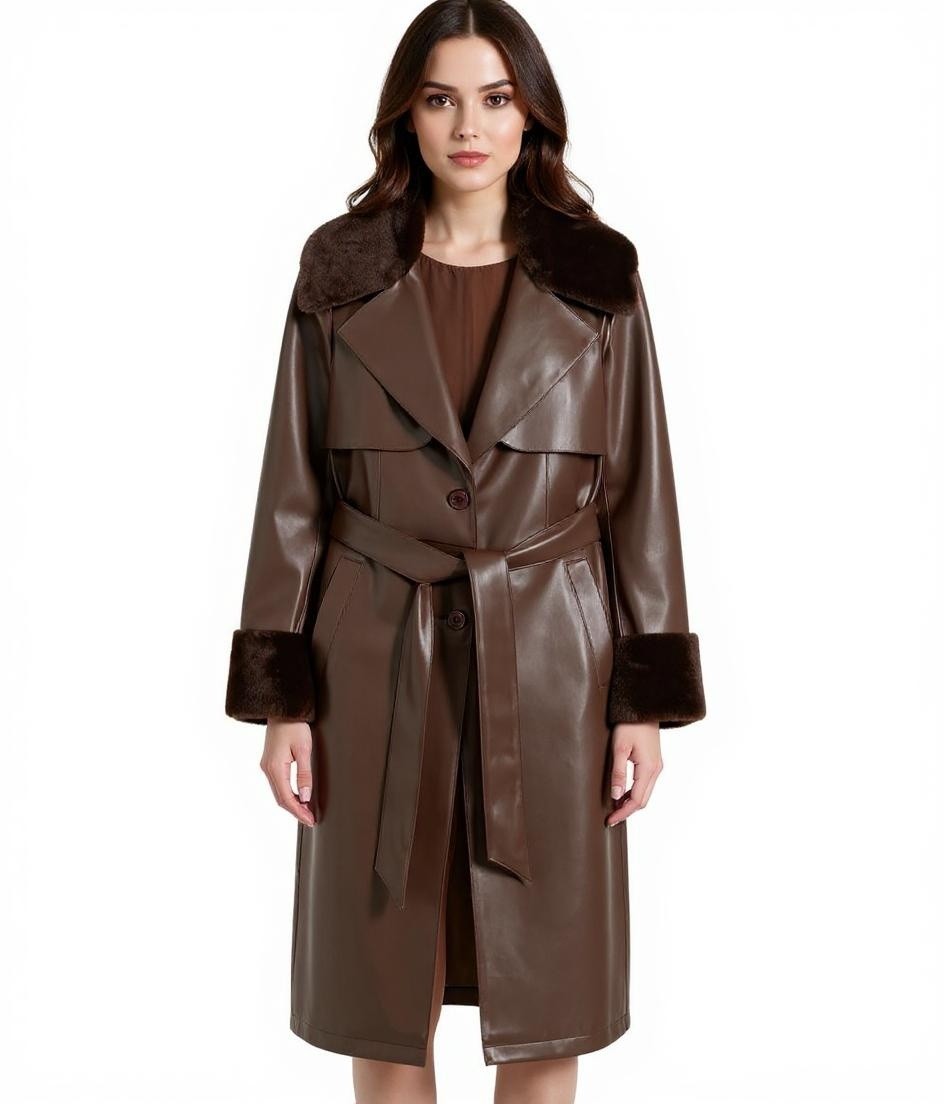 Damen Lederimitat-Mantel mit Teddyfell Kragen Kunstlammfell-Jacke Herbst-Mantel 914589 Braun
