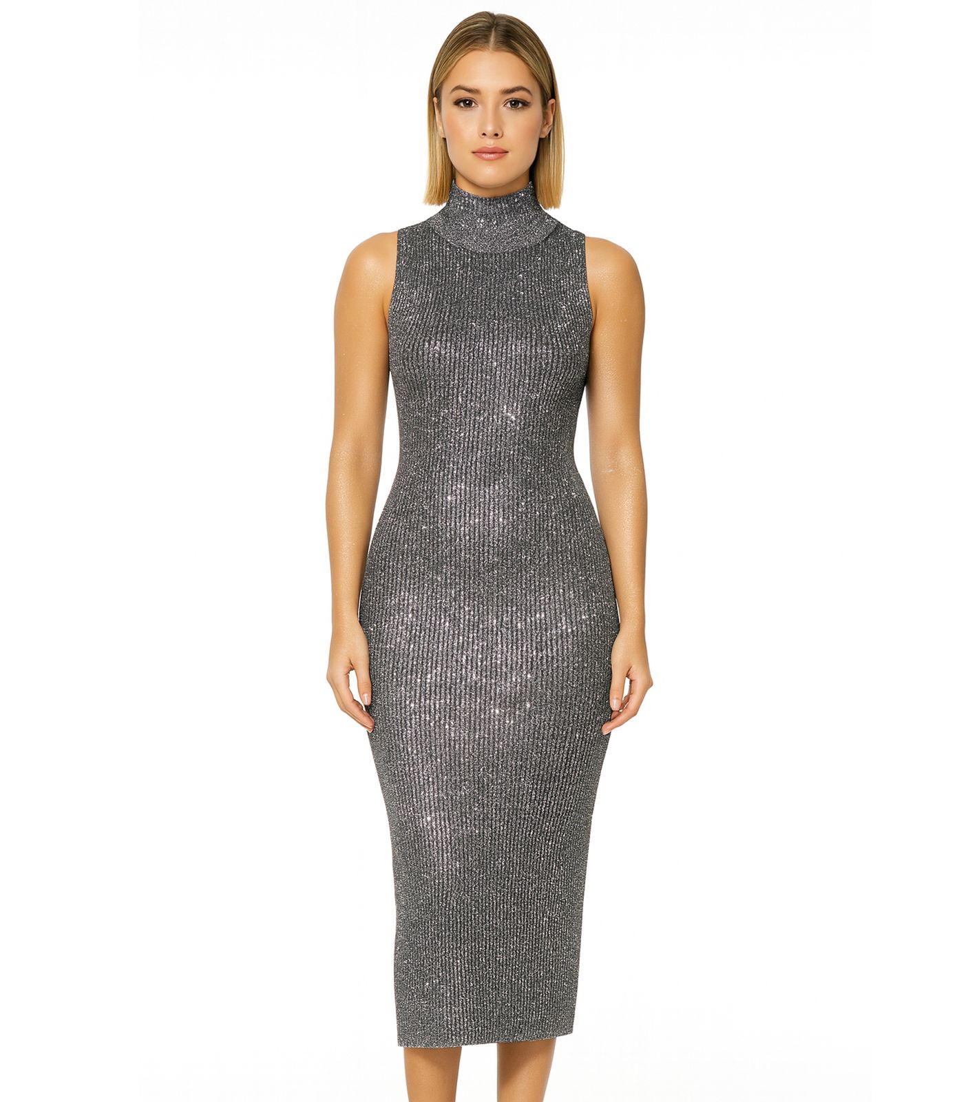 Damen Midi-Kleid funkelnd und glänzend armloses Kleid mit Rippenstrick Strick-Kleid mit Stehkragen 954335 Grau